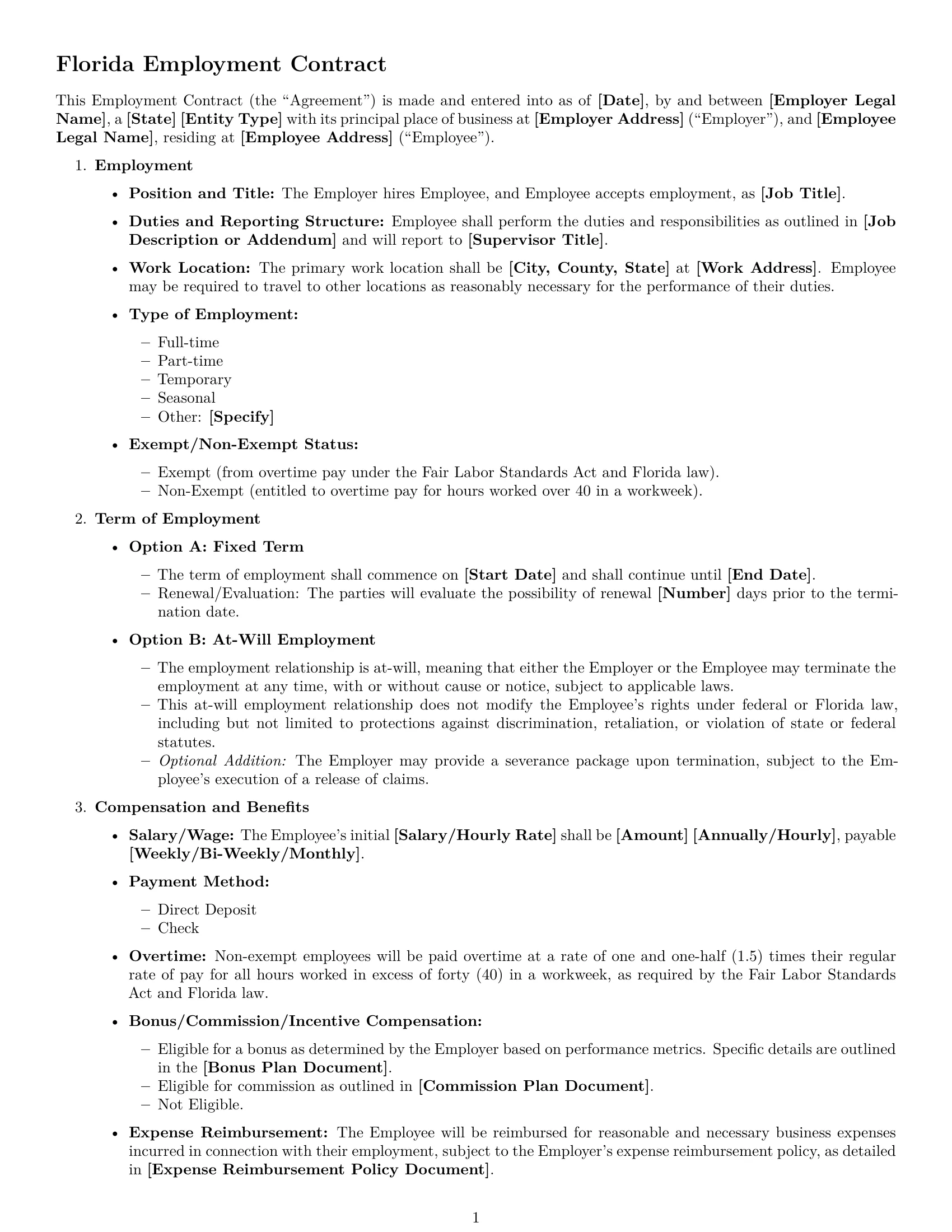 Preview page 1 of Free Florida employment contract template
