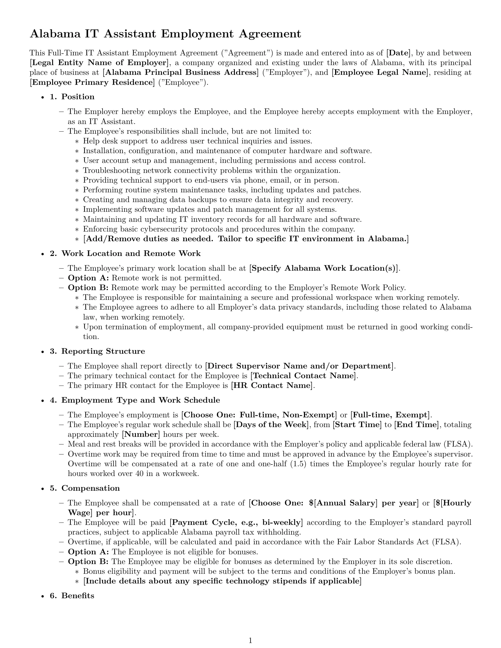 Preview page 1 of Free Alabama IT assistant employment contract template