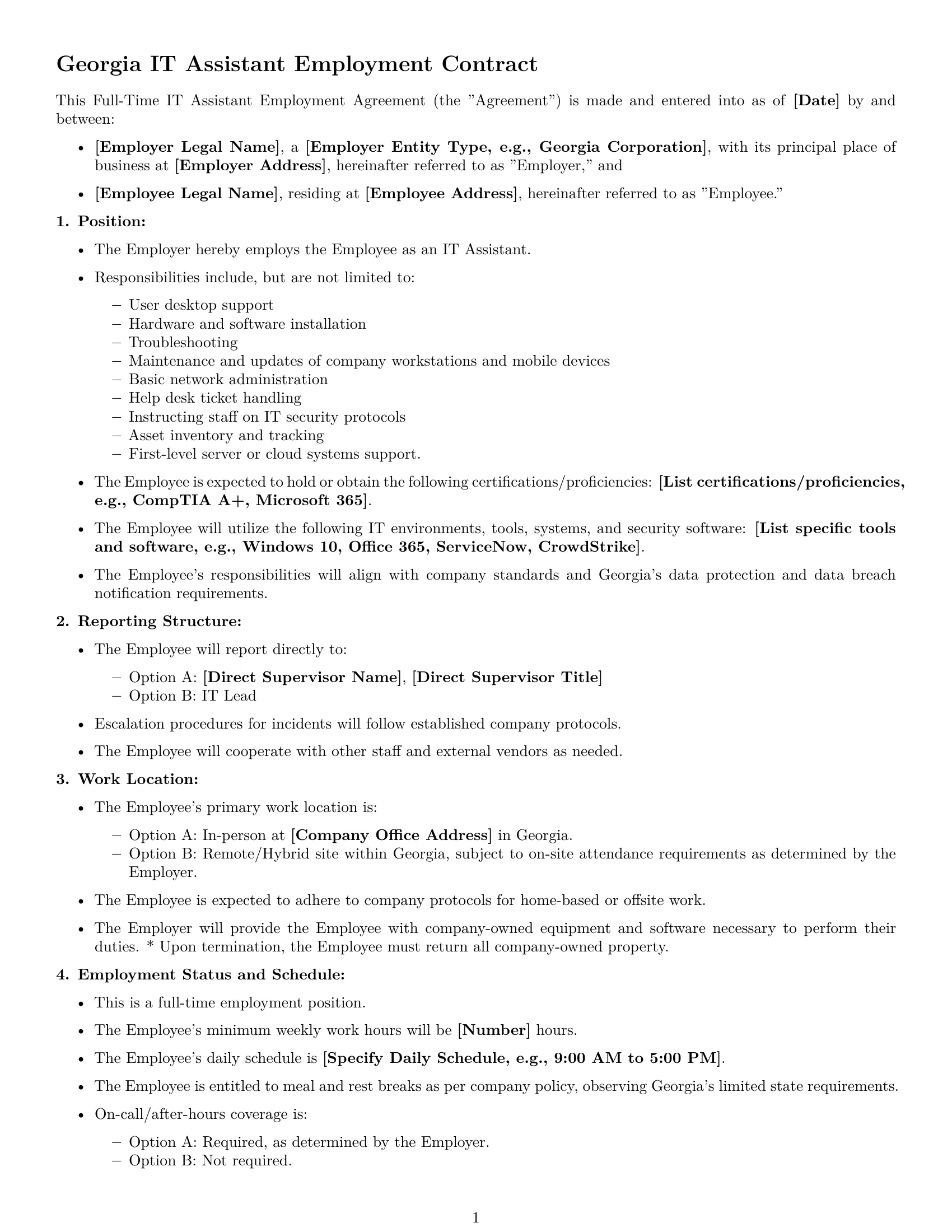 Preview page 1 of Free Georgia IT assistant employment contract template