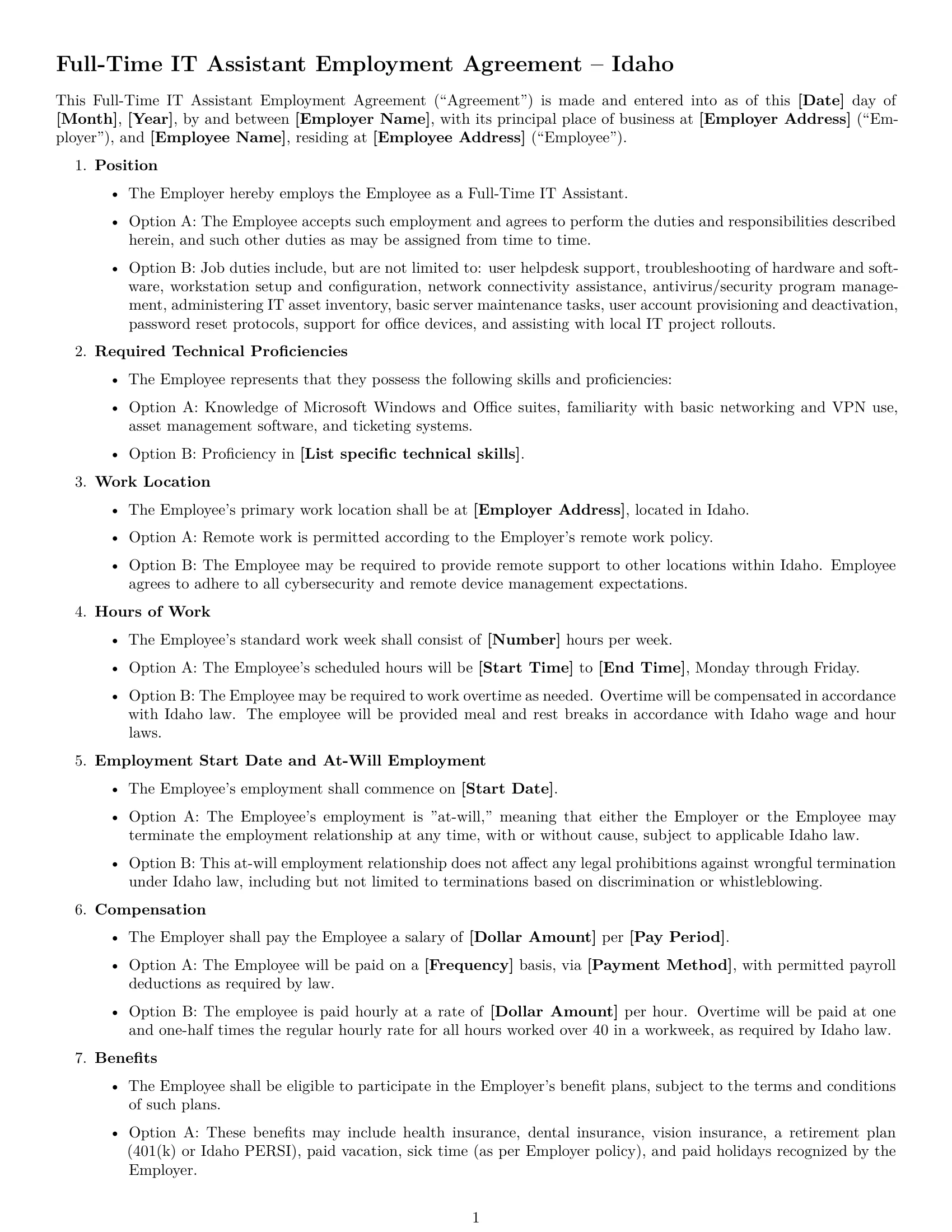 Preview page 1 of Free Idaho IT assistant employment contract template