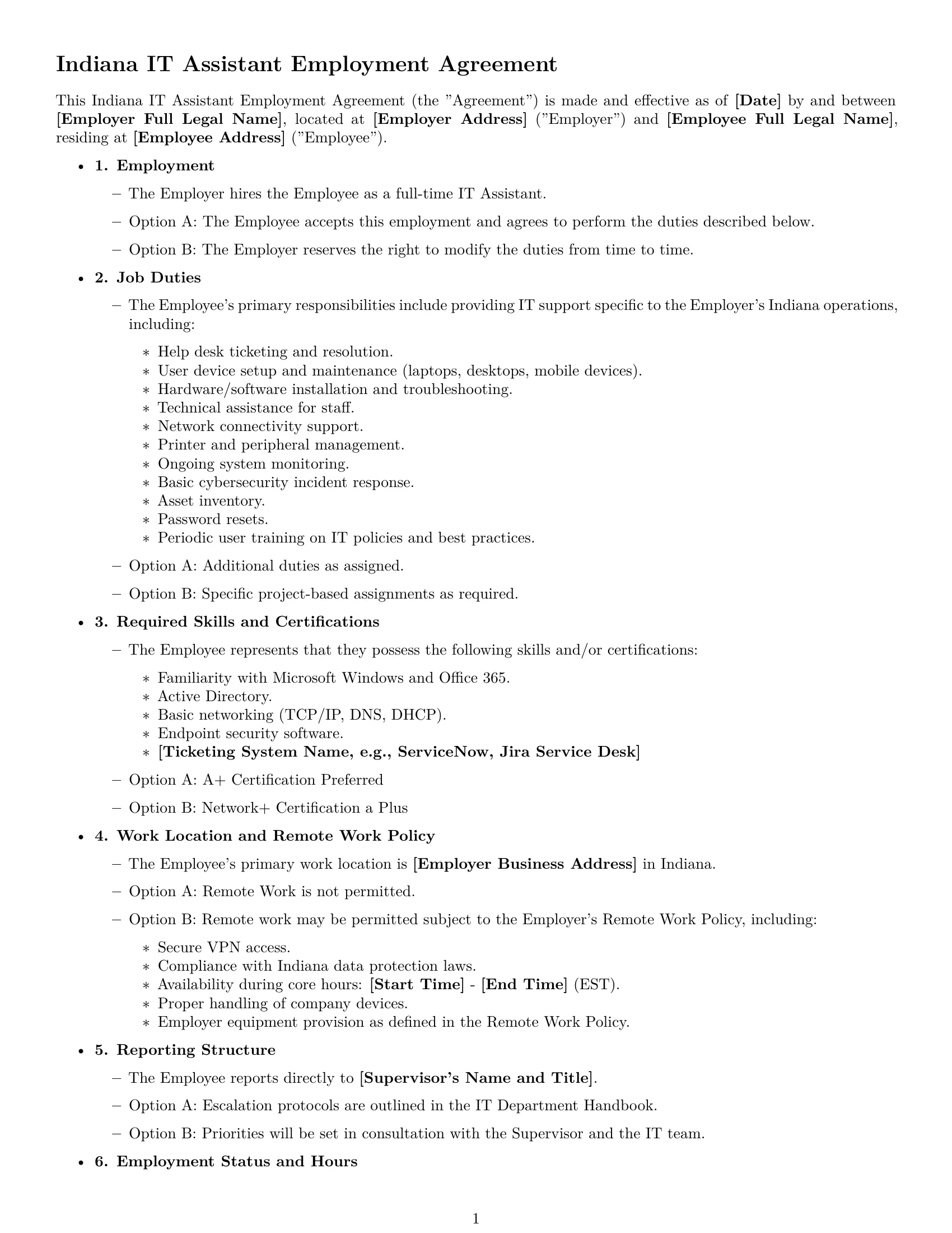 Preview page 1 of Free Indiana IT assistant employment contract template