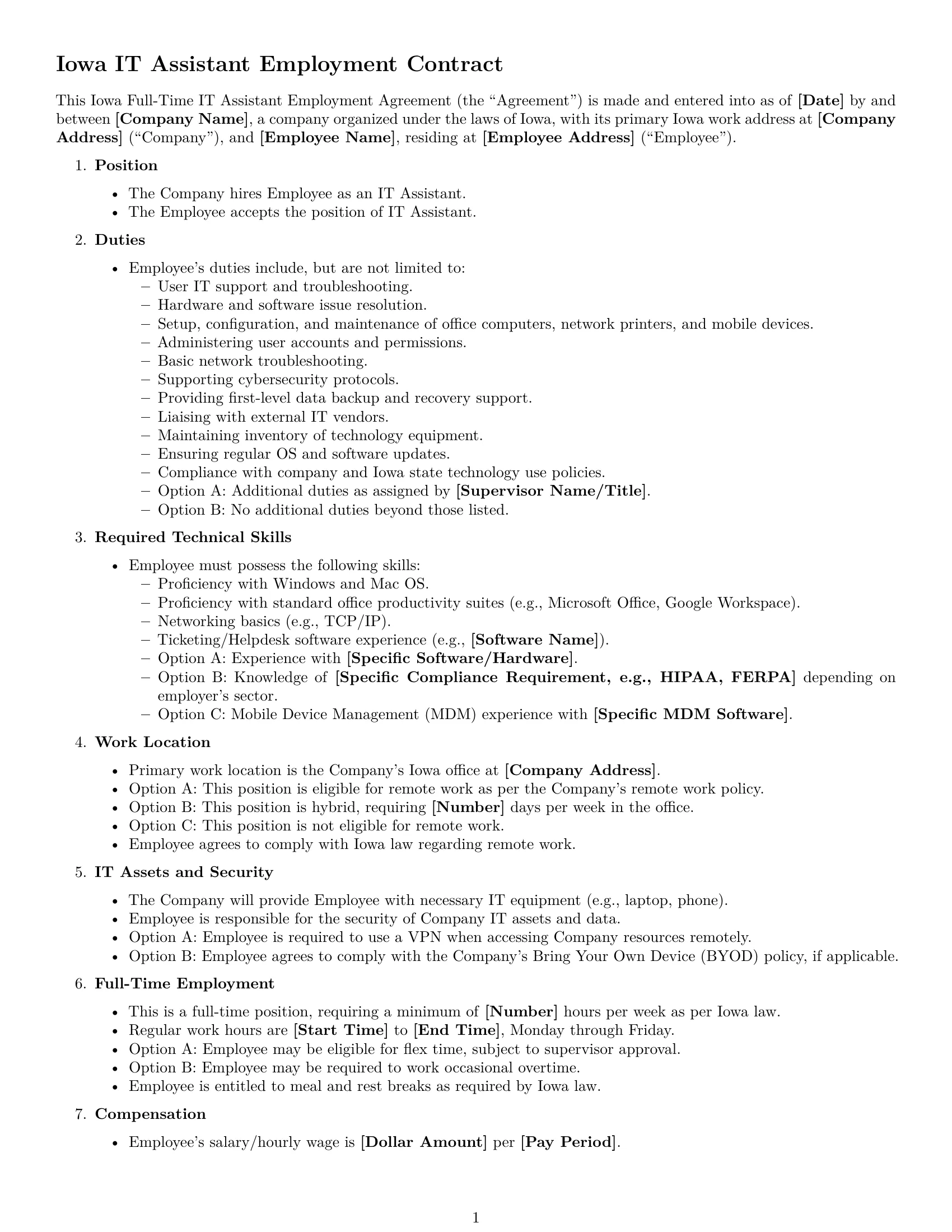 Preview page 1 of Free Iowa IT assistant employment contract template