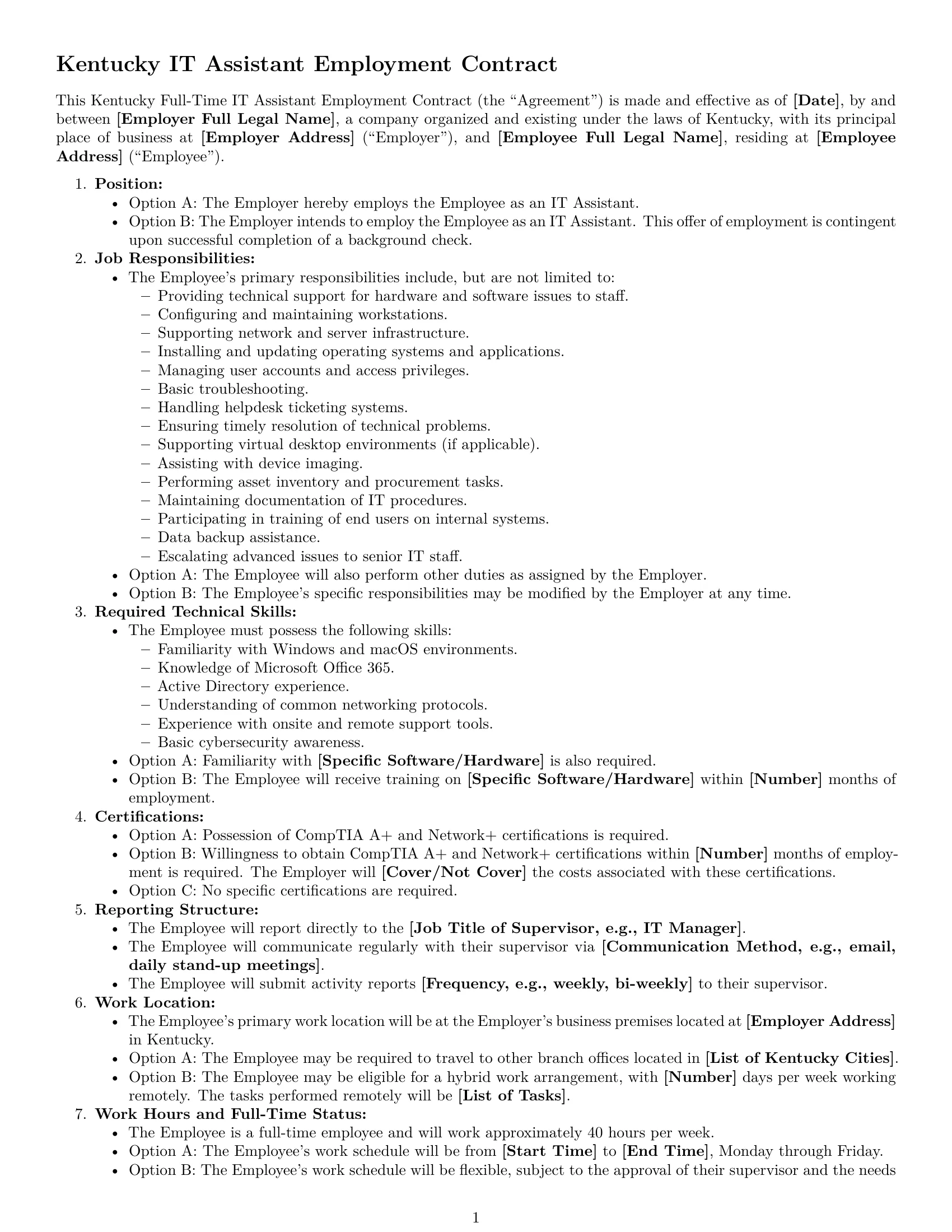 Preview page 1 of Free Kentucky IT assistant employment contract template