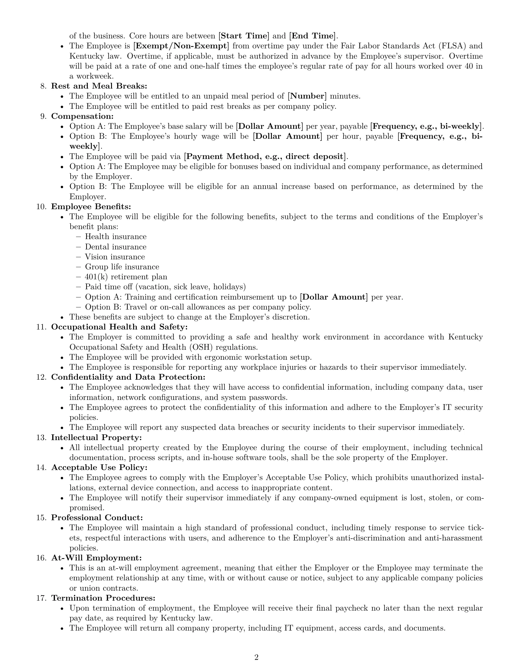 Preview page 2 of Free Kentucky IT assistant employment contract template