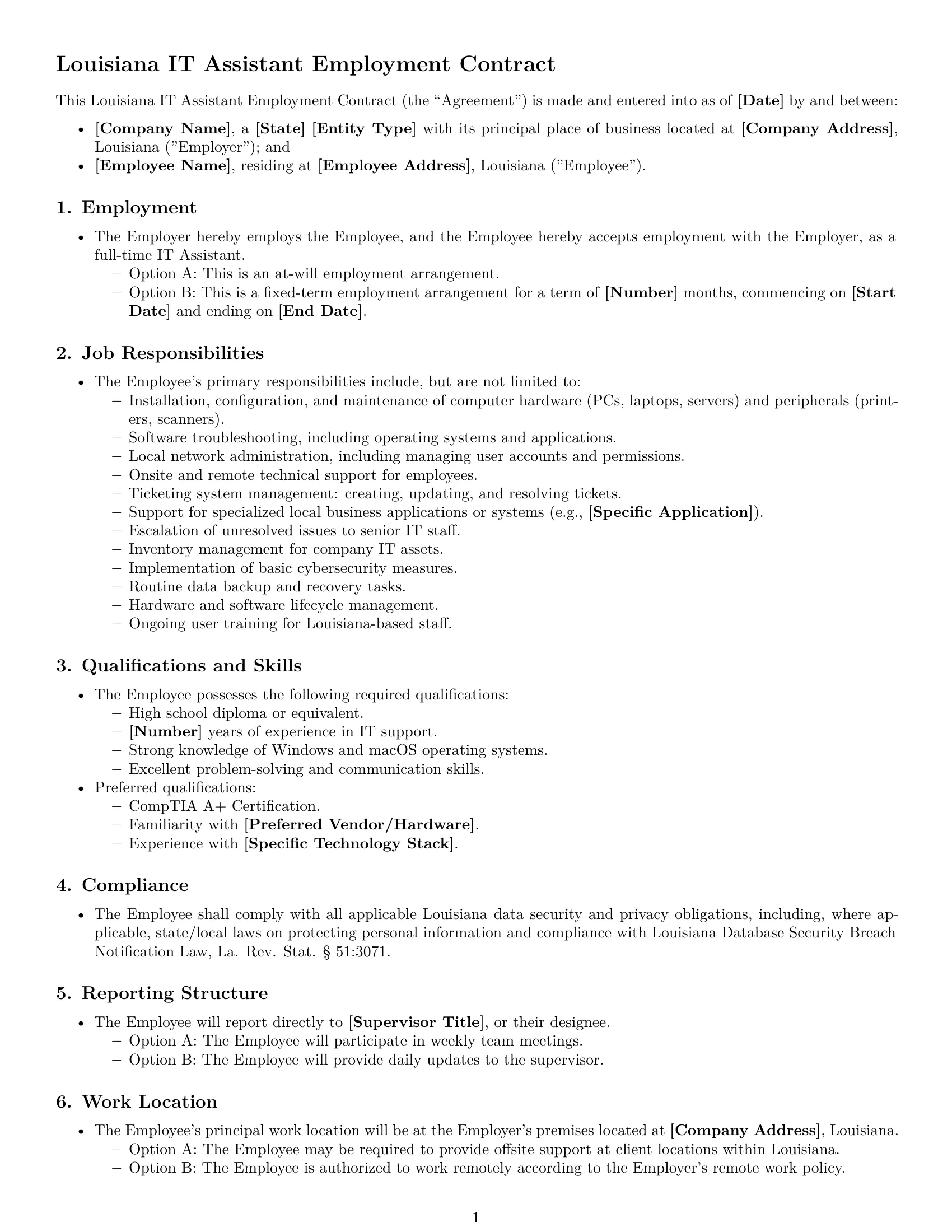 Preview page 1 of Free Louisiana IT assistant employment contract template