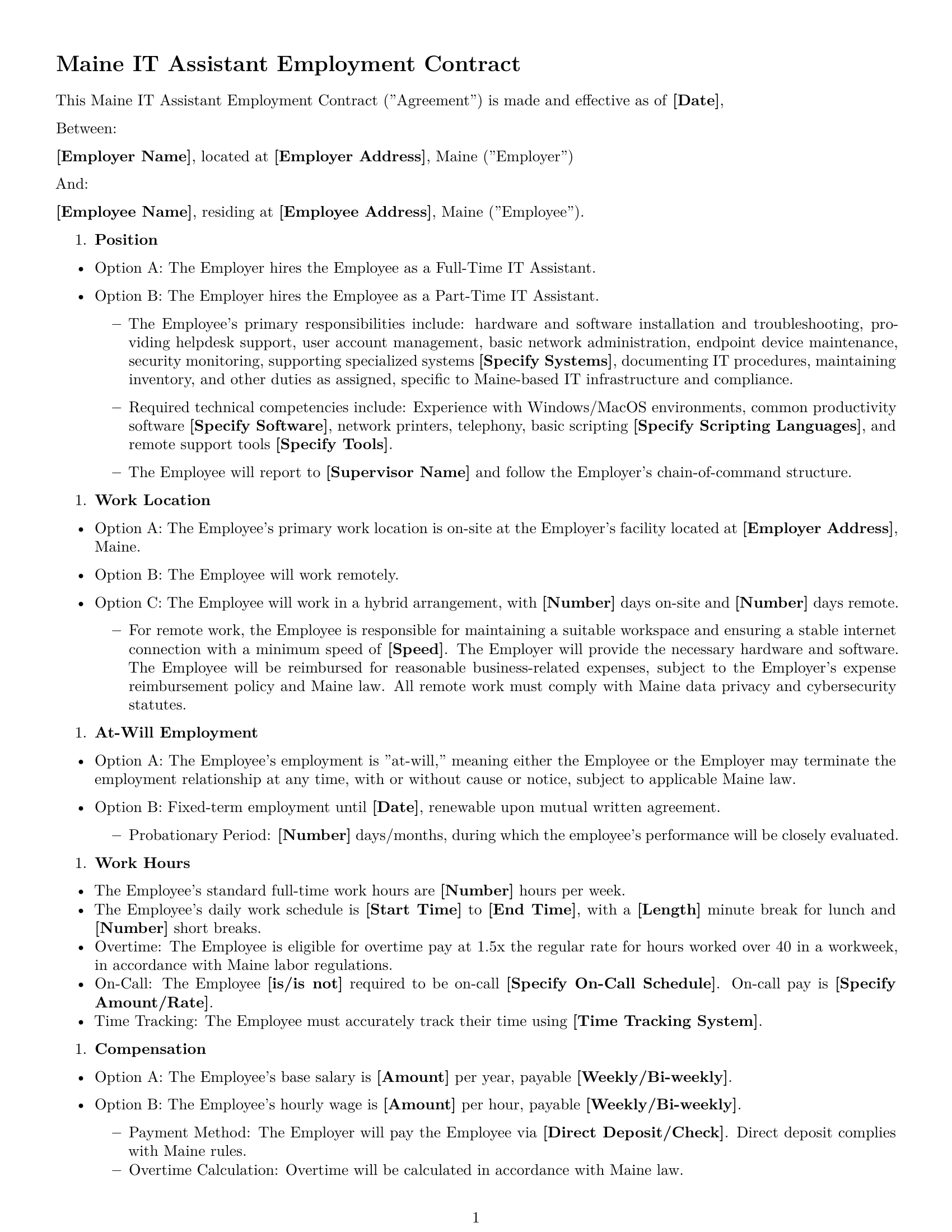 Preview page 1 of Free Maine IT assistant employment contract template