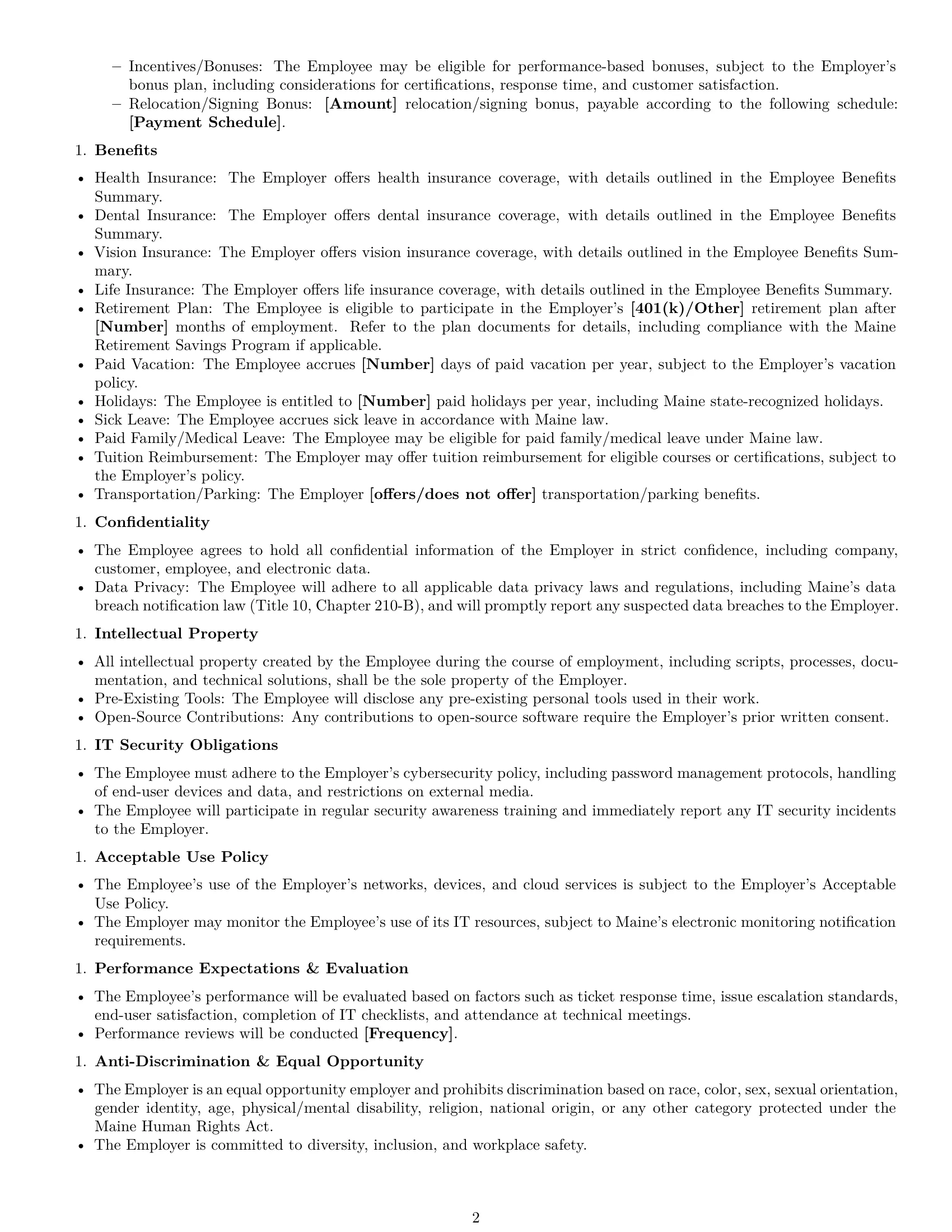 Preview page 2 of Free Maine IT assistant employment contract template