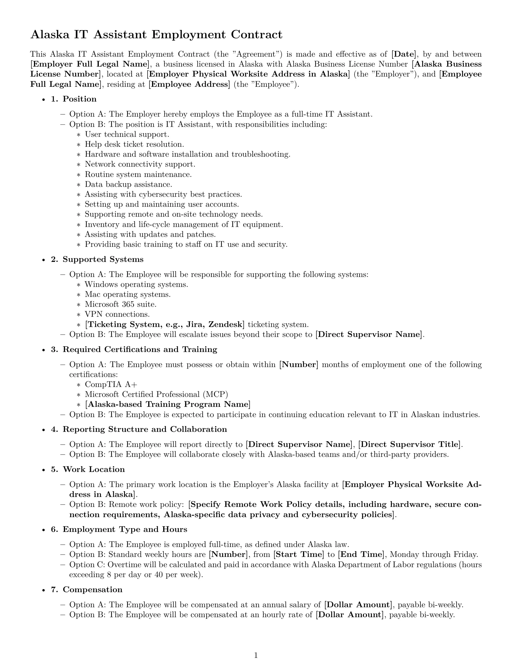 Preview page 1 of Free Alaska IT assistant employment contract template