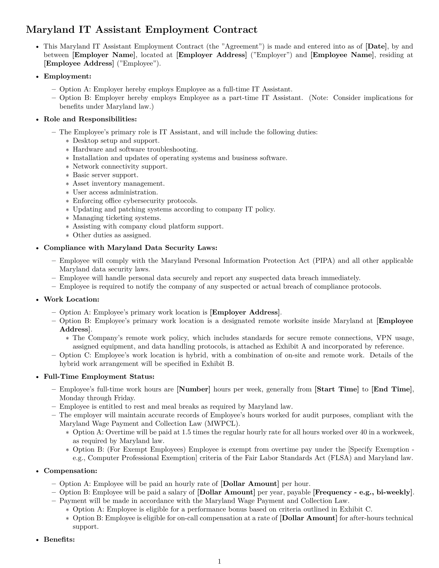 Preview page 1 of Free Maryland IT assistant employment contract template