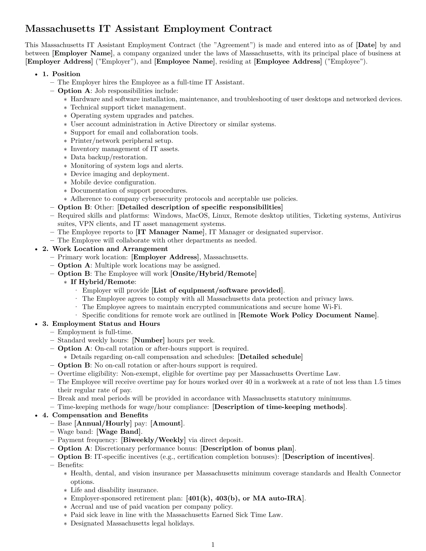 Preview page 1 of Free Massachusetts IT assistant employment contract template