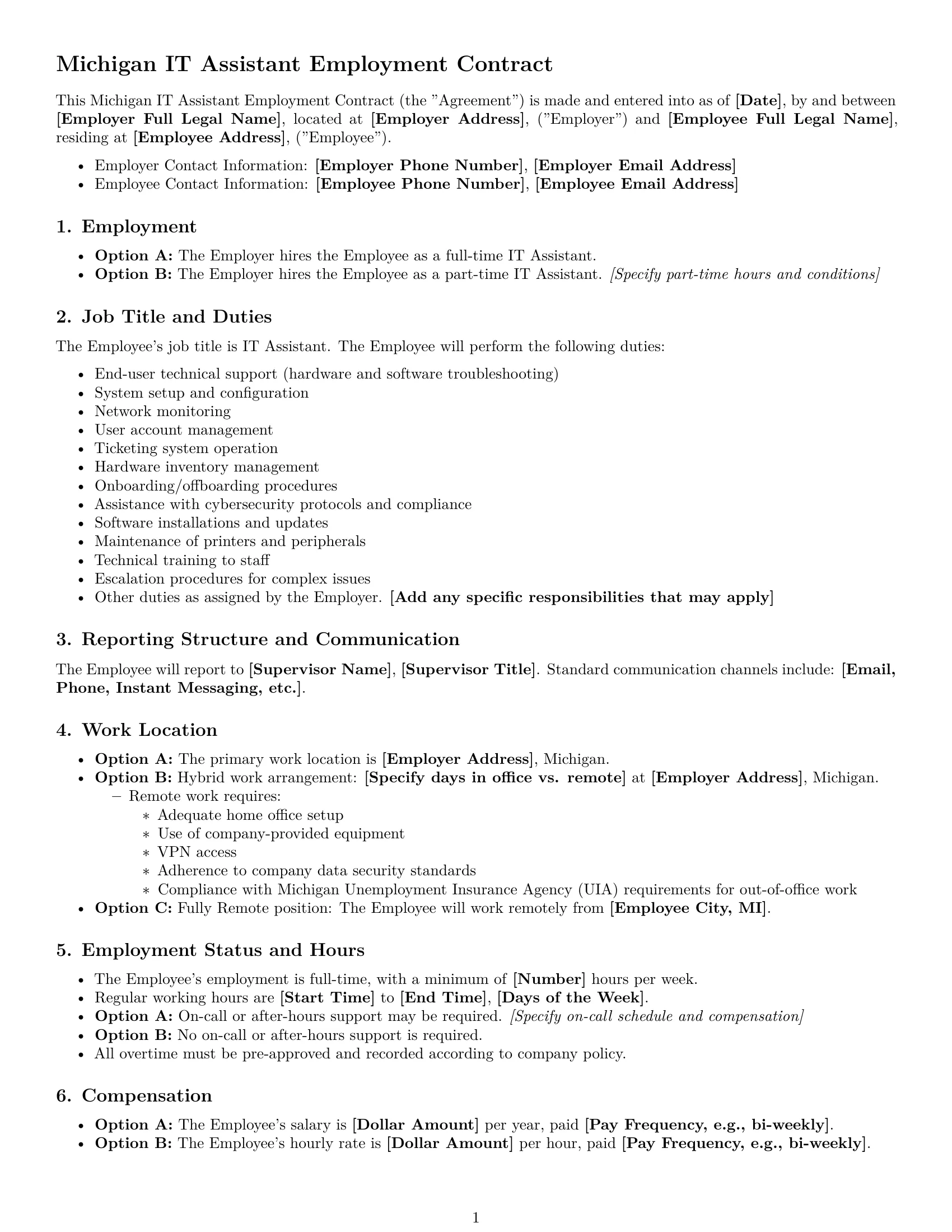 Preview page 1 of Free Michigan IT assistant employment contract template