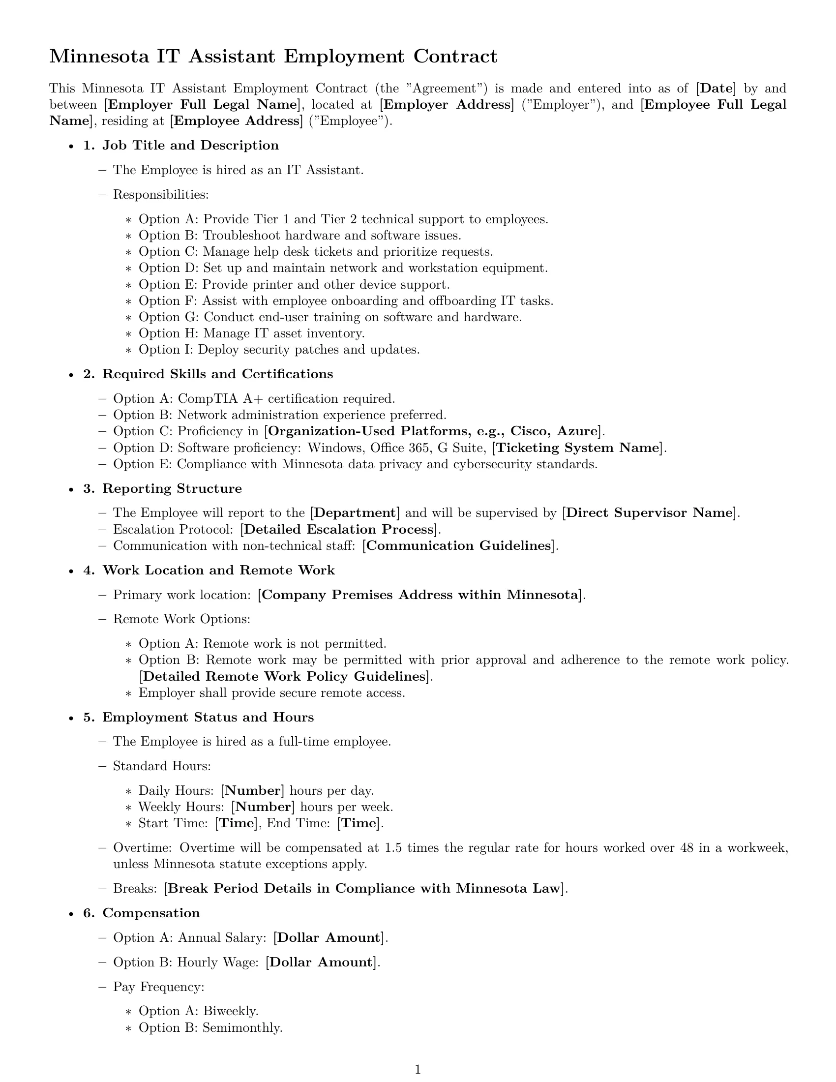 Preview page 1 of Free Minnesota IT assistant employment contract template