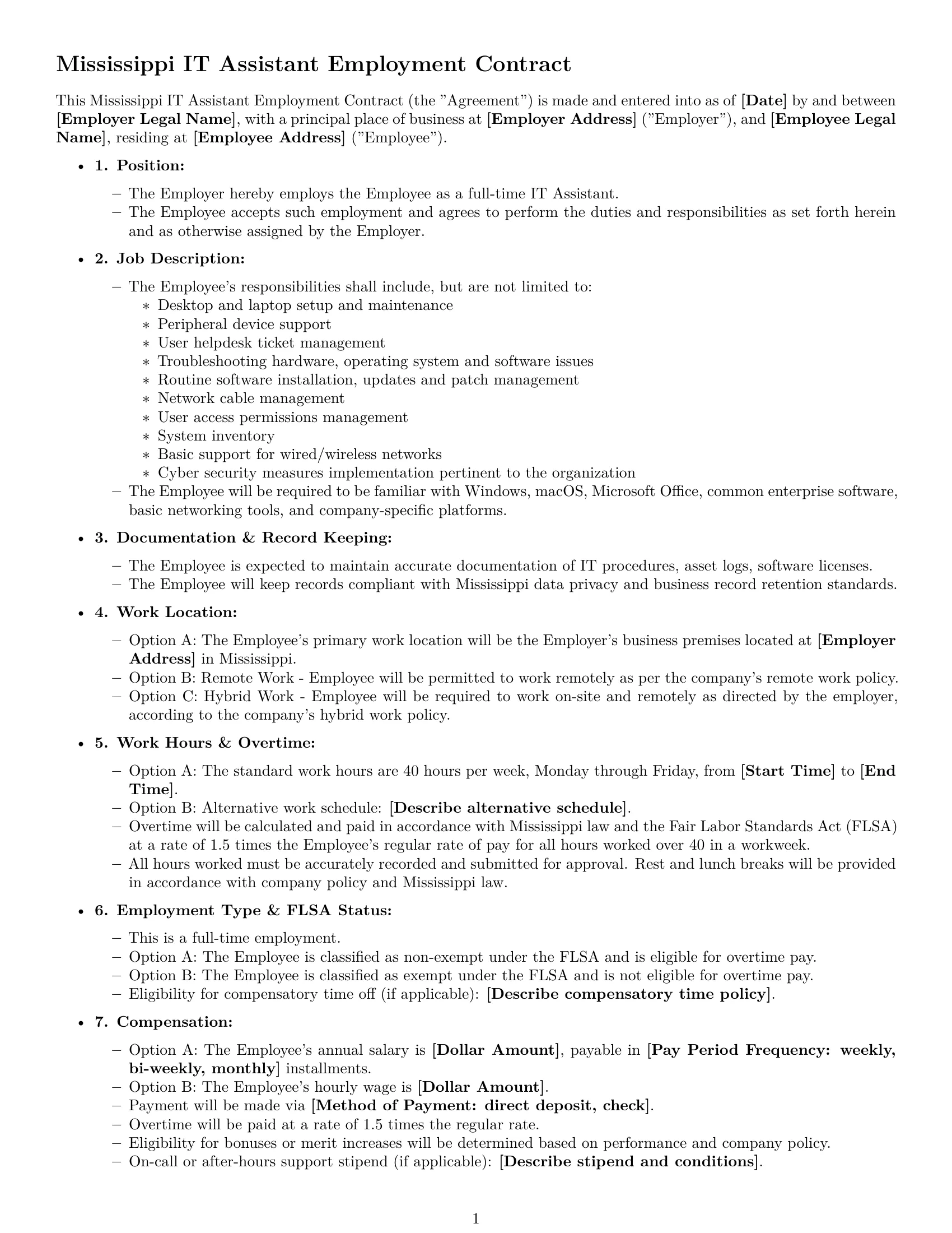 Preview page 1 of Free Mississippi IT assistant employment contract template