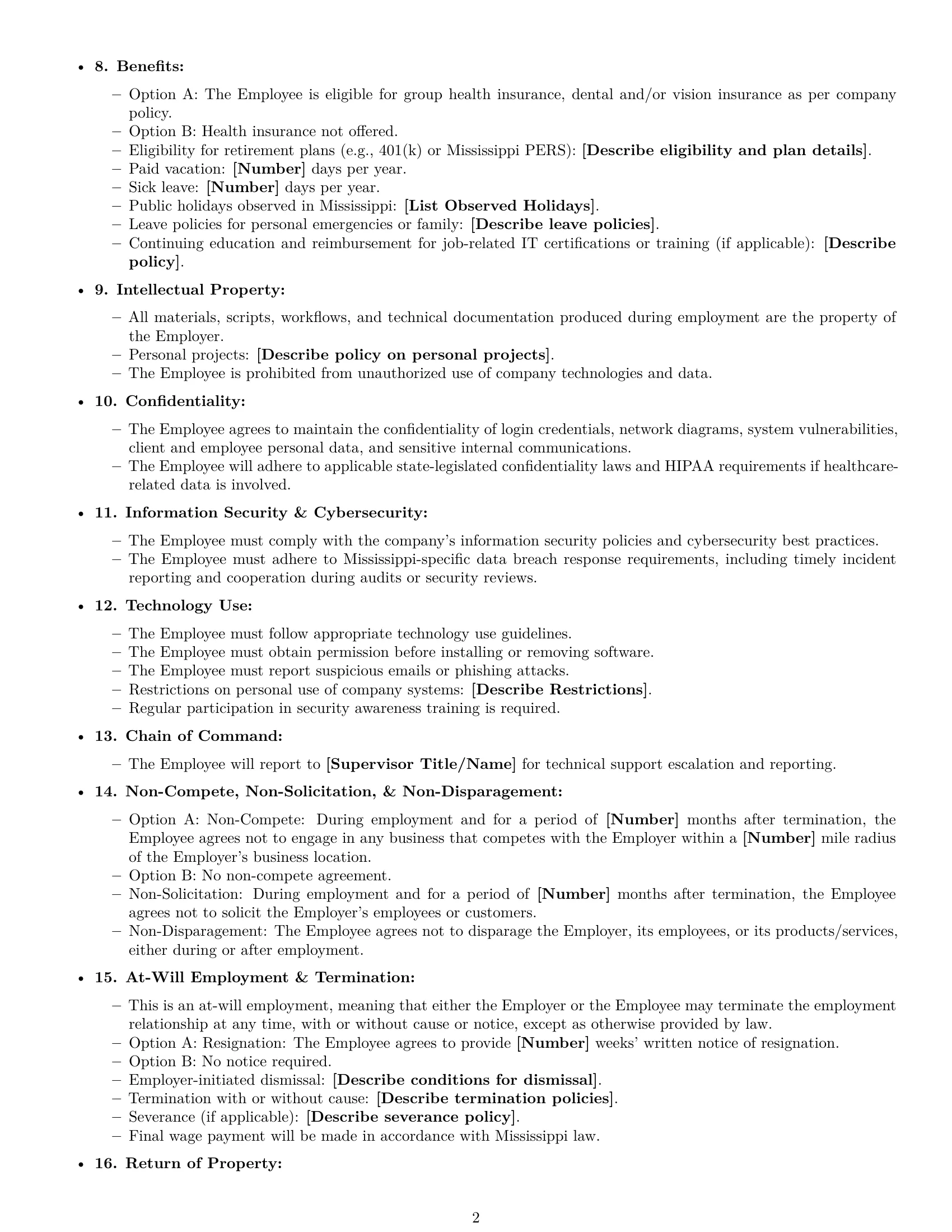 Preview page 2 of Free Mississippi IT assistant employment contract template