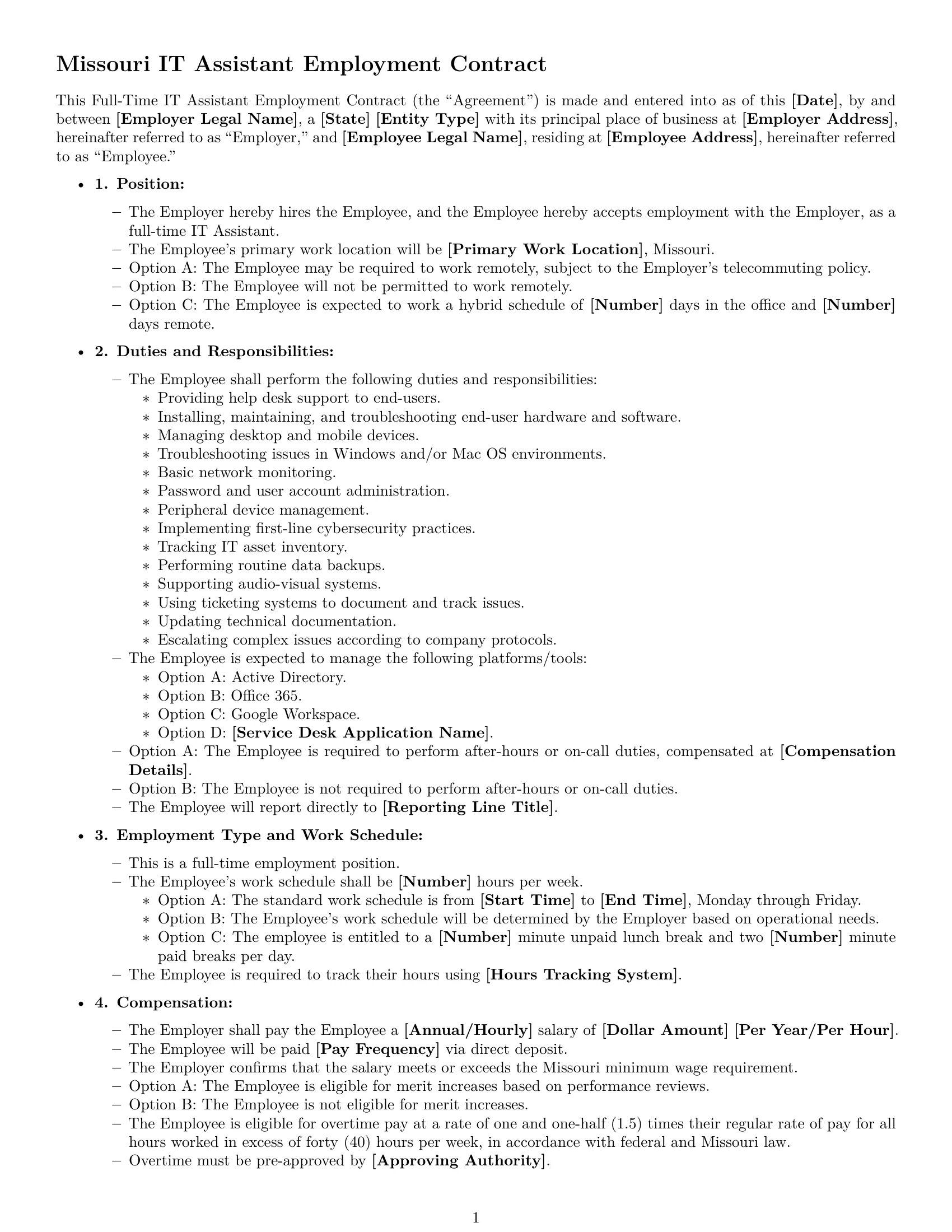 Preview page 1 of Free Missouri IT assistant employment contract template