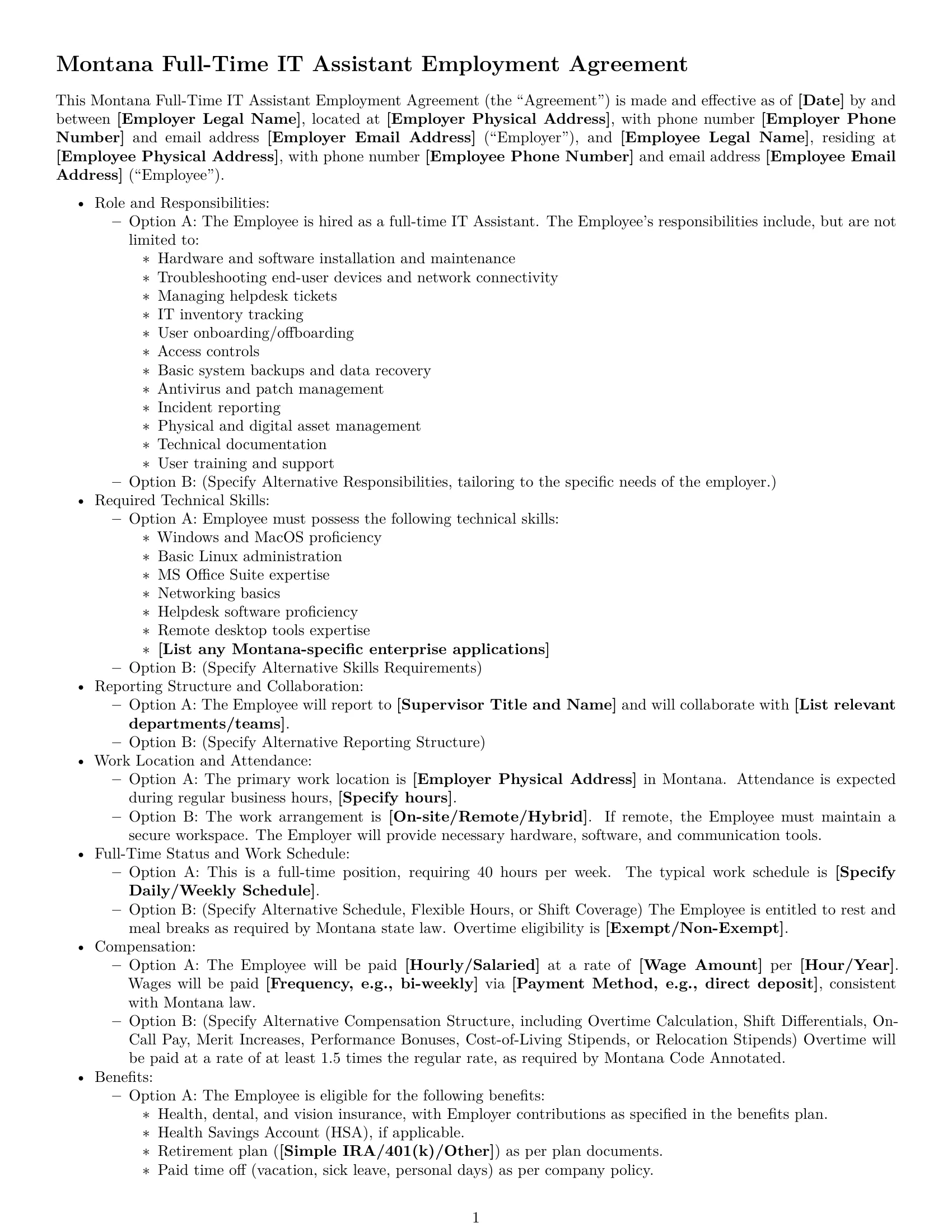 Preview page 1 of Free Montana IT assistant employment contract template