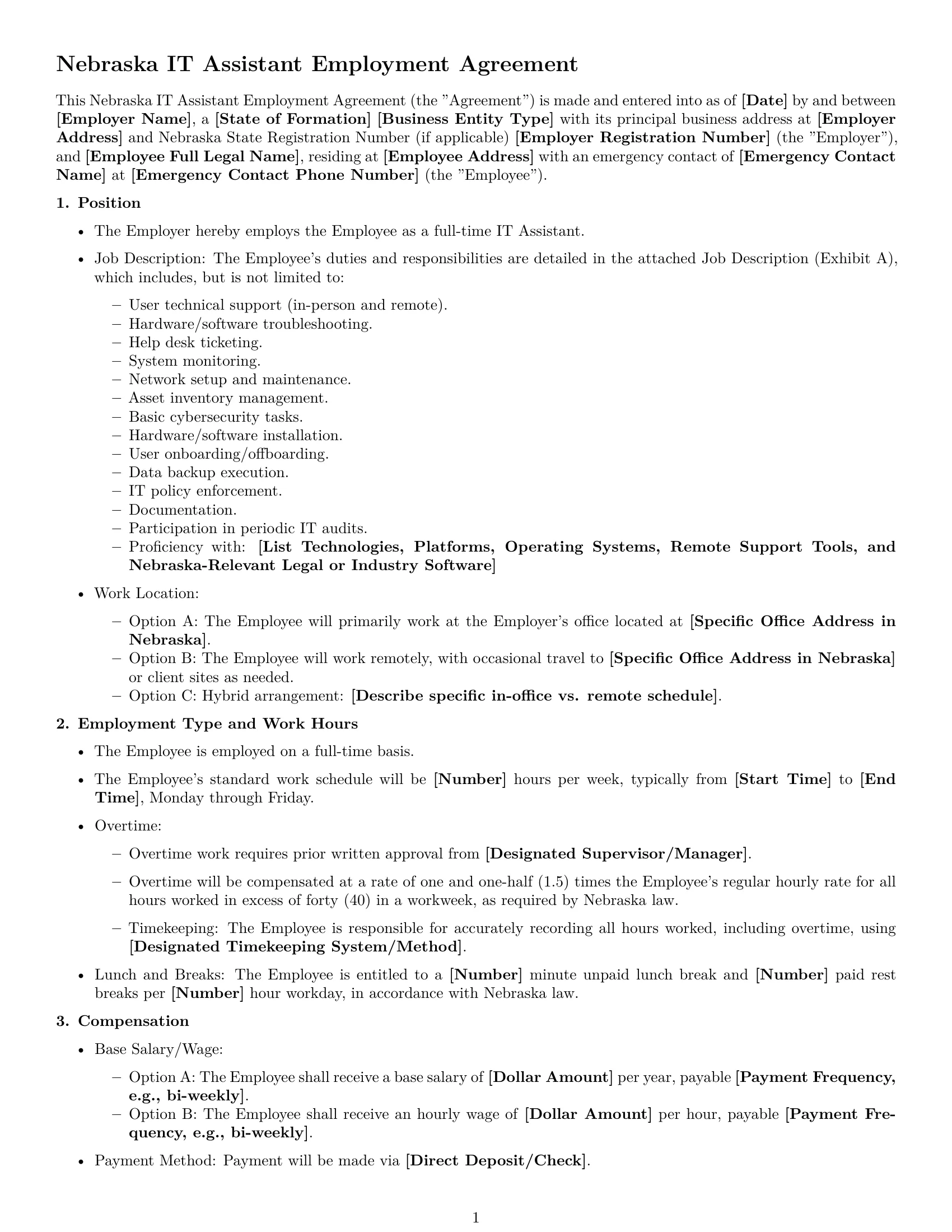 Preview page 1 of Free Nebraska IT assistant employment contract template