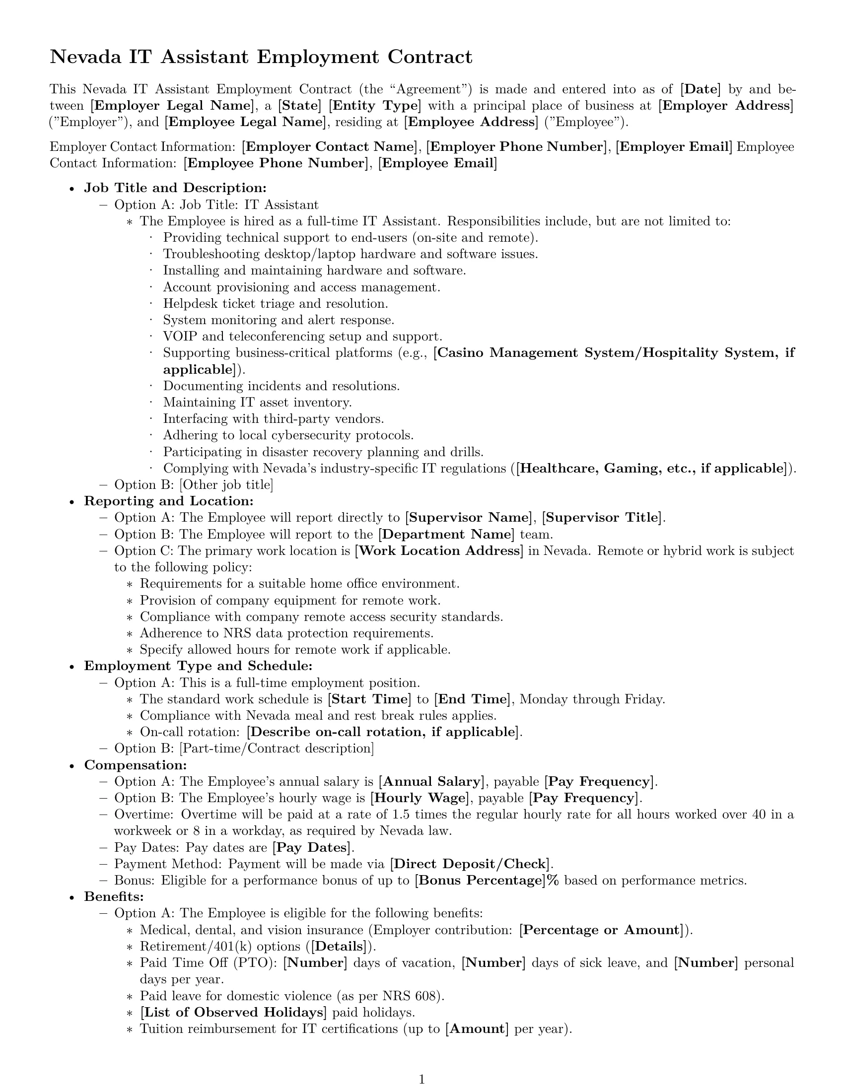 Preview page 1 of Free Nevada IT assistant employment contract template