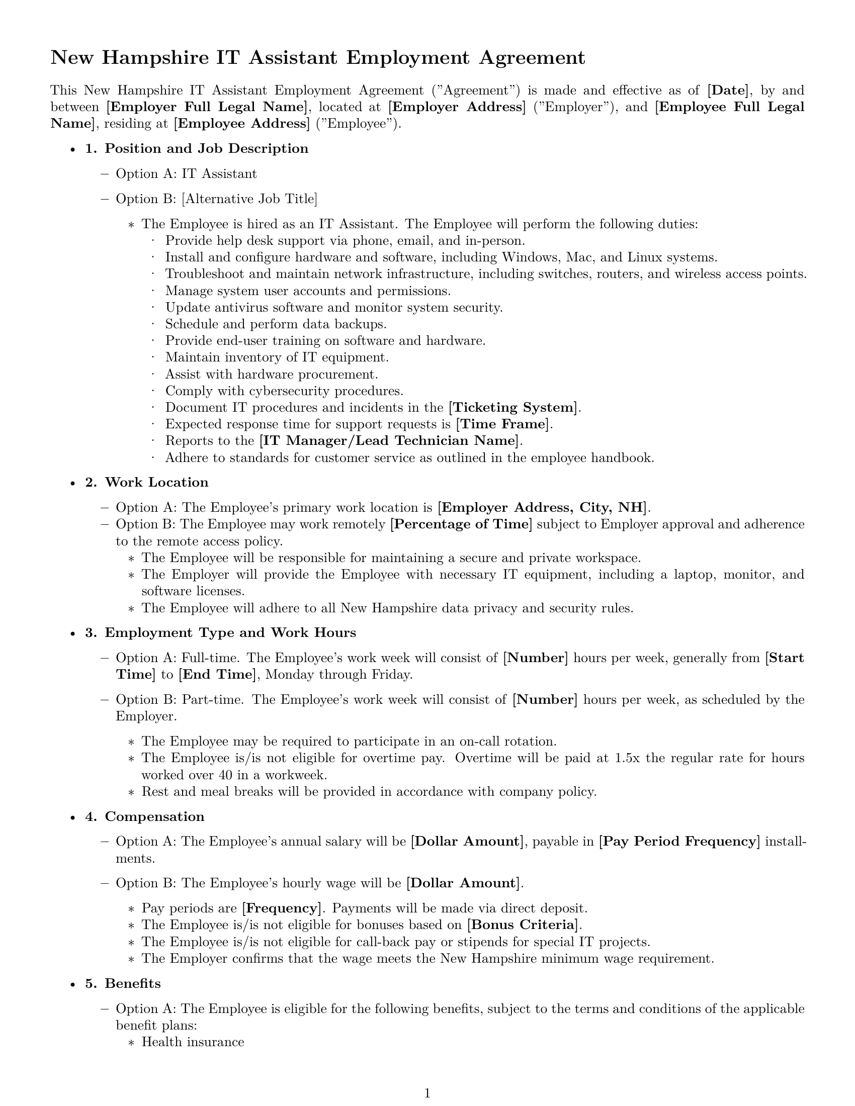 Preview page 1 of Free New Hampshire IT assistant employment contract template