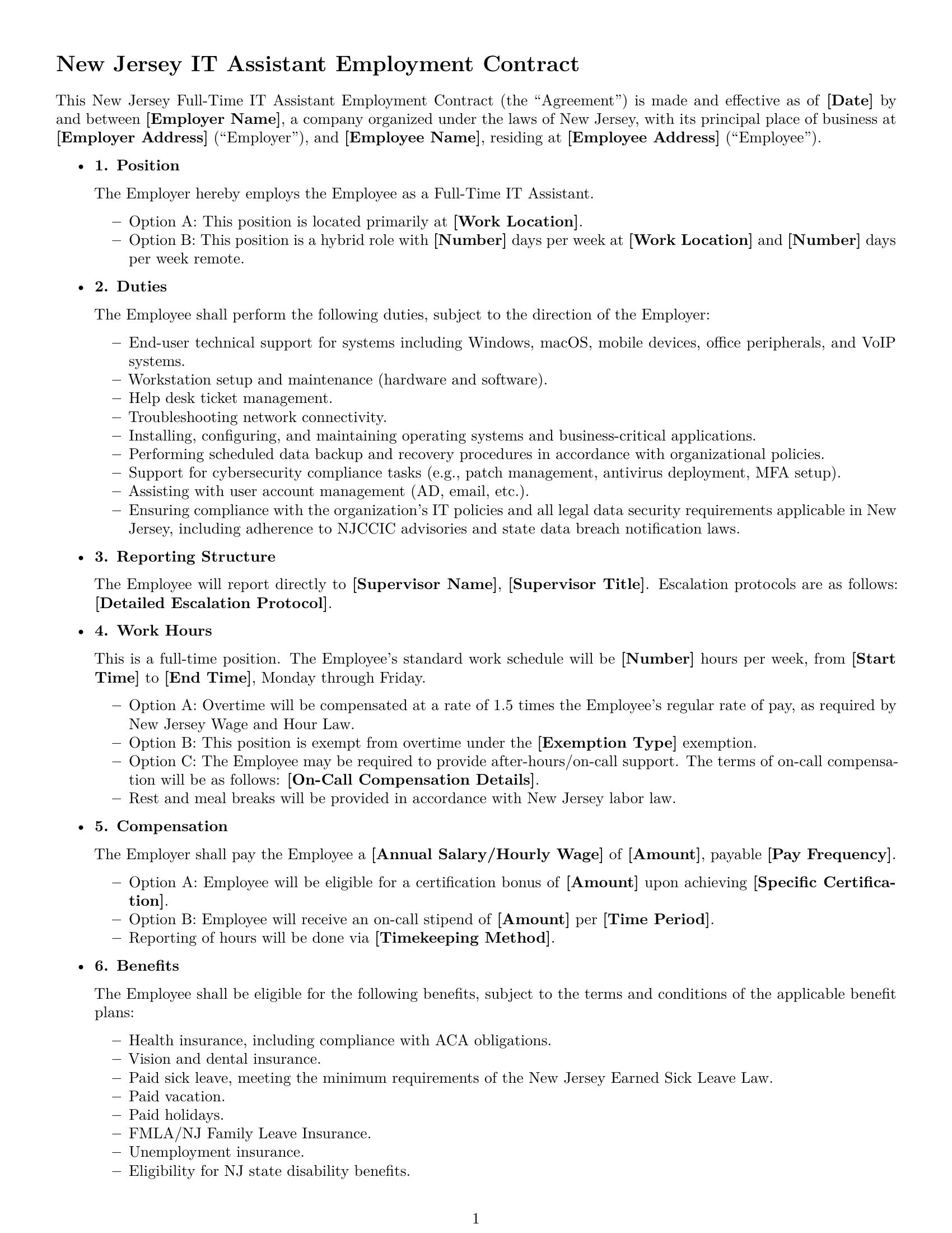 Preview page 1 of Free New Jersey IT assistant employment contract template