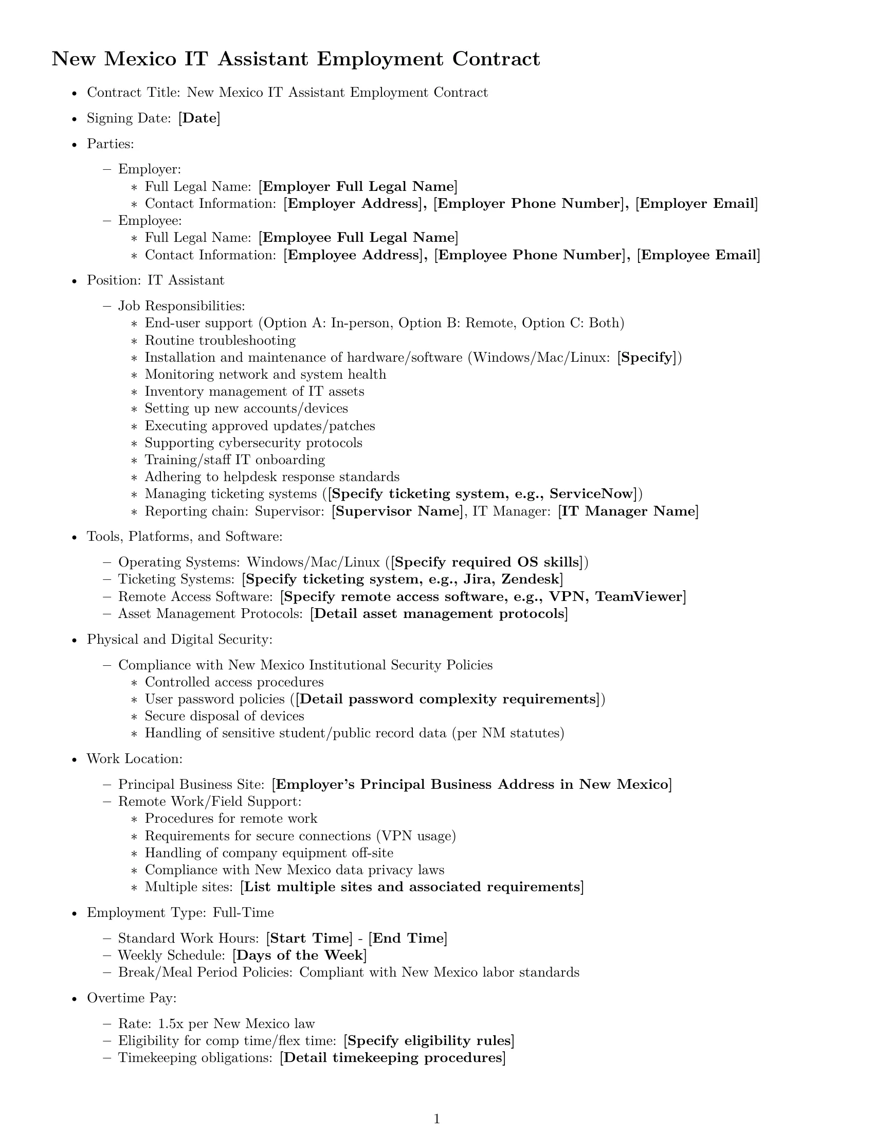 Preview page 1 of Free New Mexico IT assistant employment contract template
