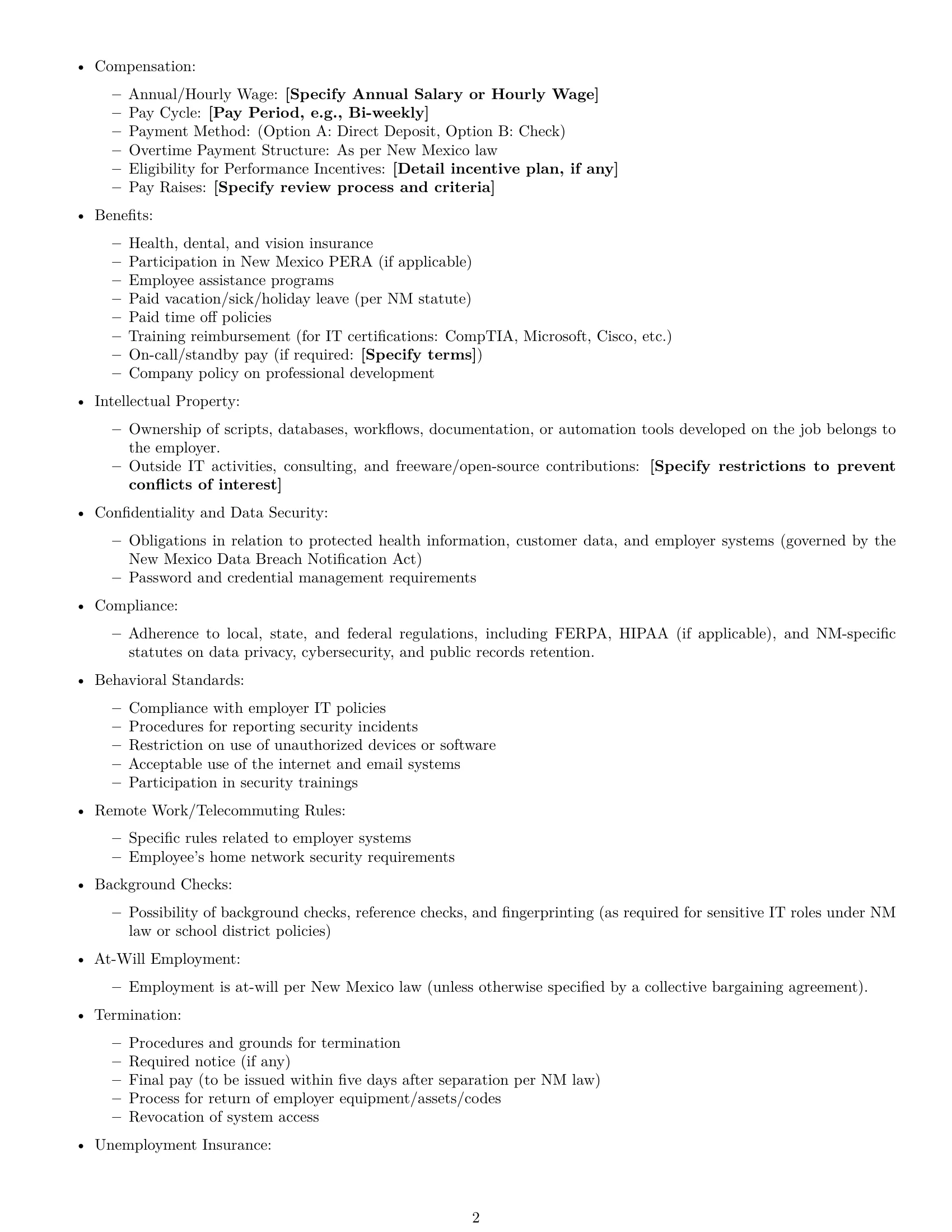 Preview page 2 of Free New Mexico IT assistant employment contract template