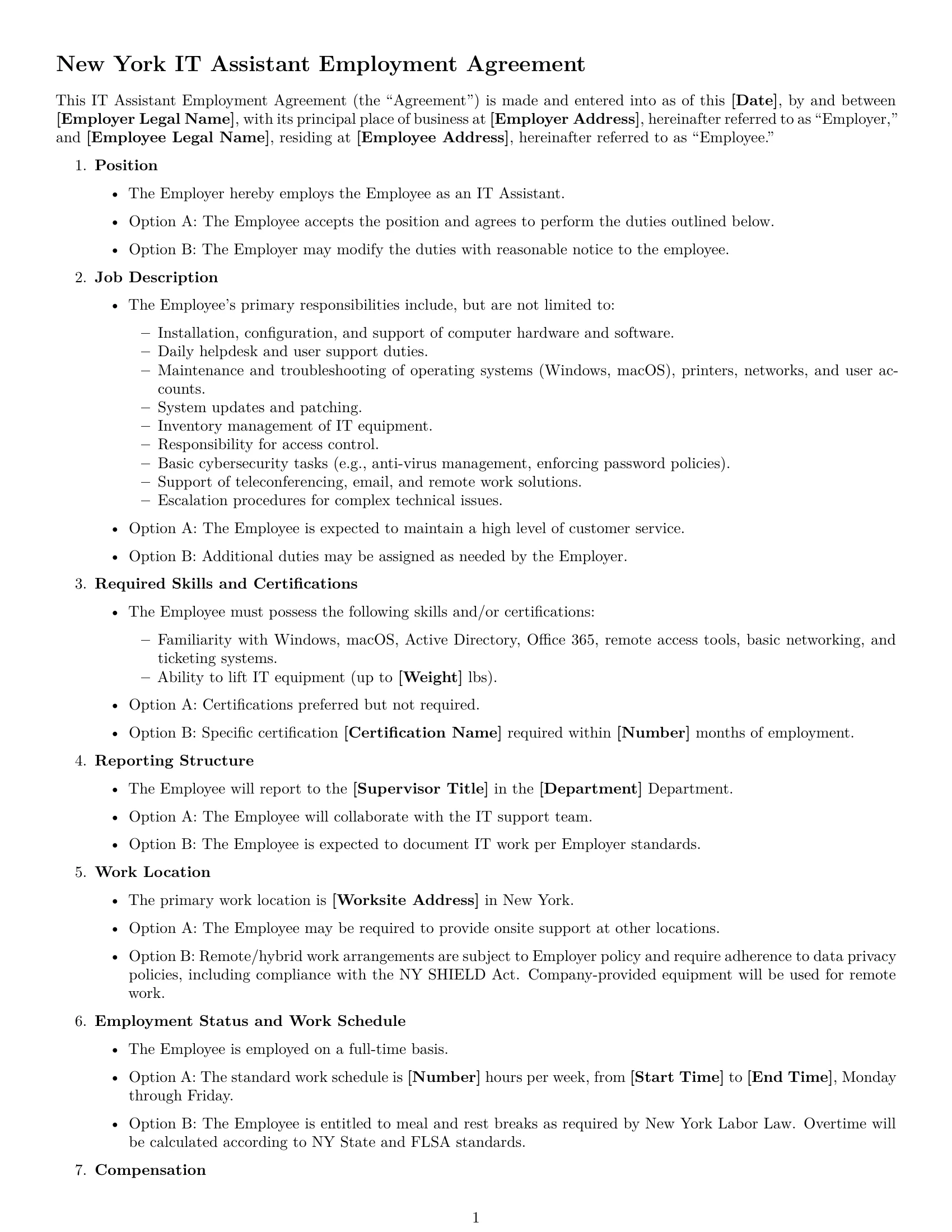 Preview page 1 of Free New York IT assistant employment contract template