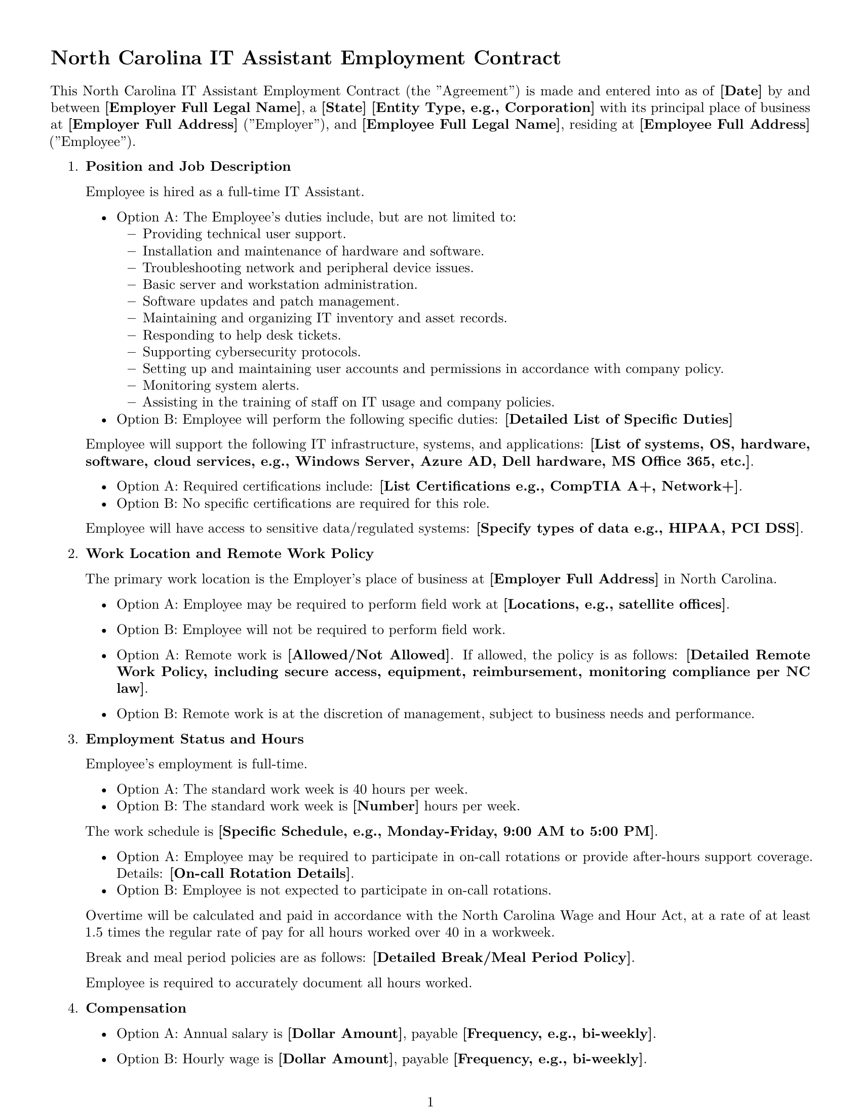 Preview page 1 of Free North Carolina IT assistant employment contract template