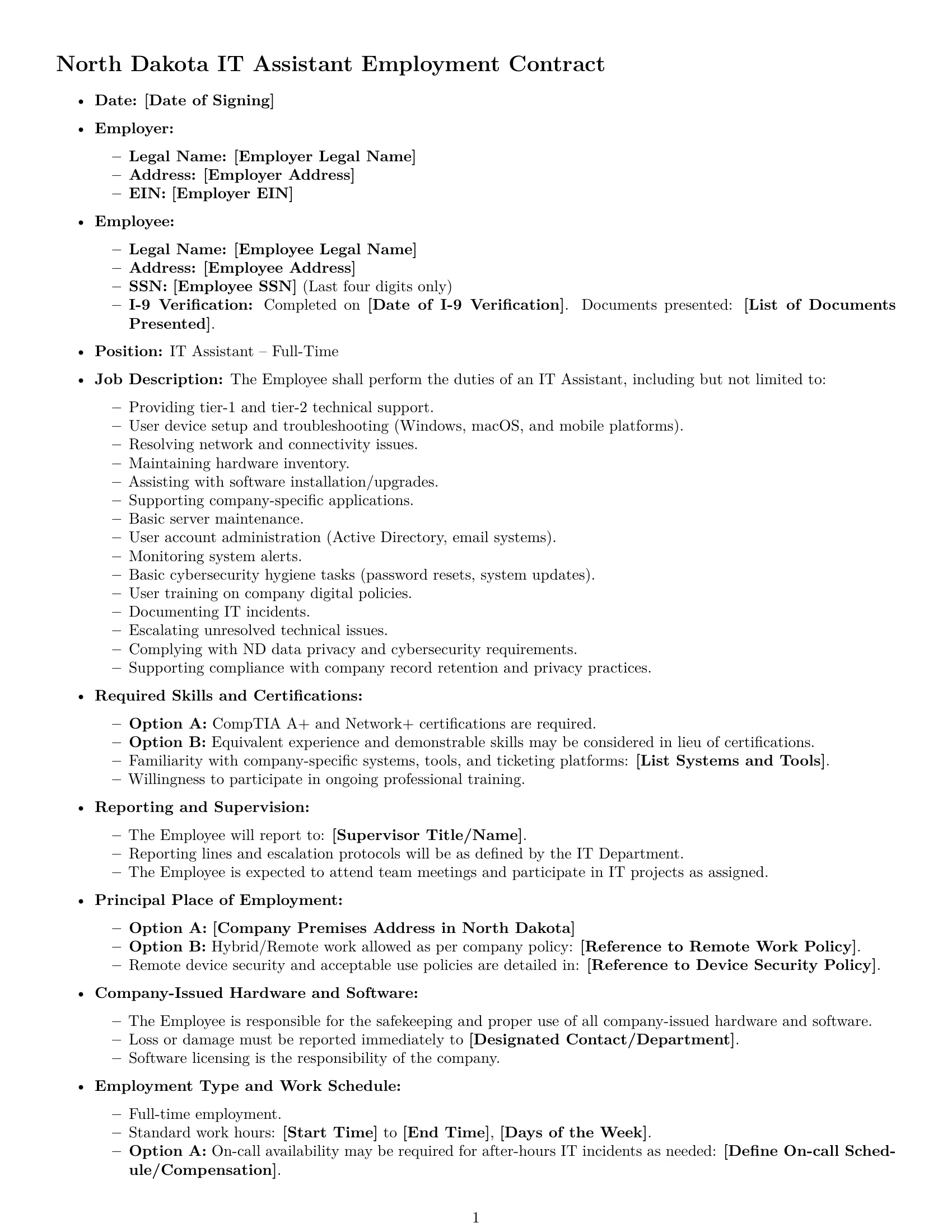Preview page 1 of Free North Dakota IT assistant employment contract template