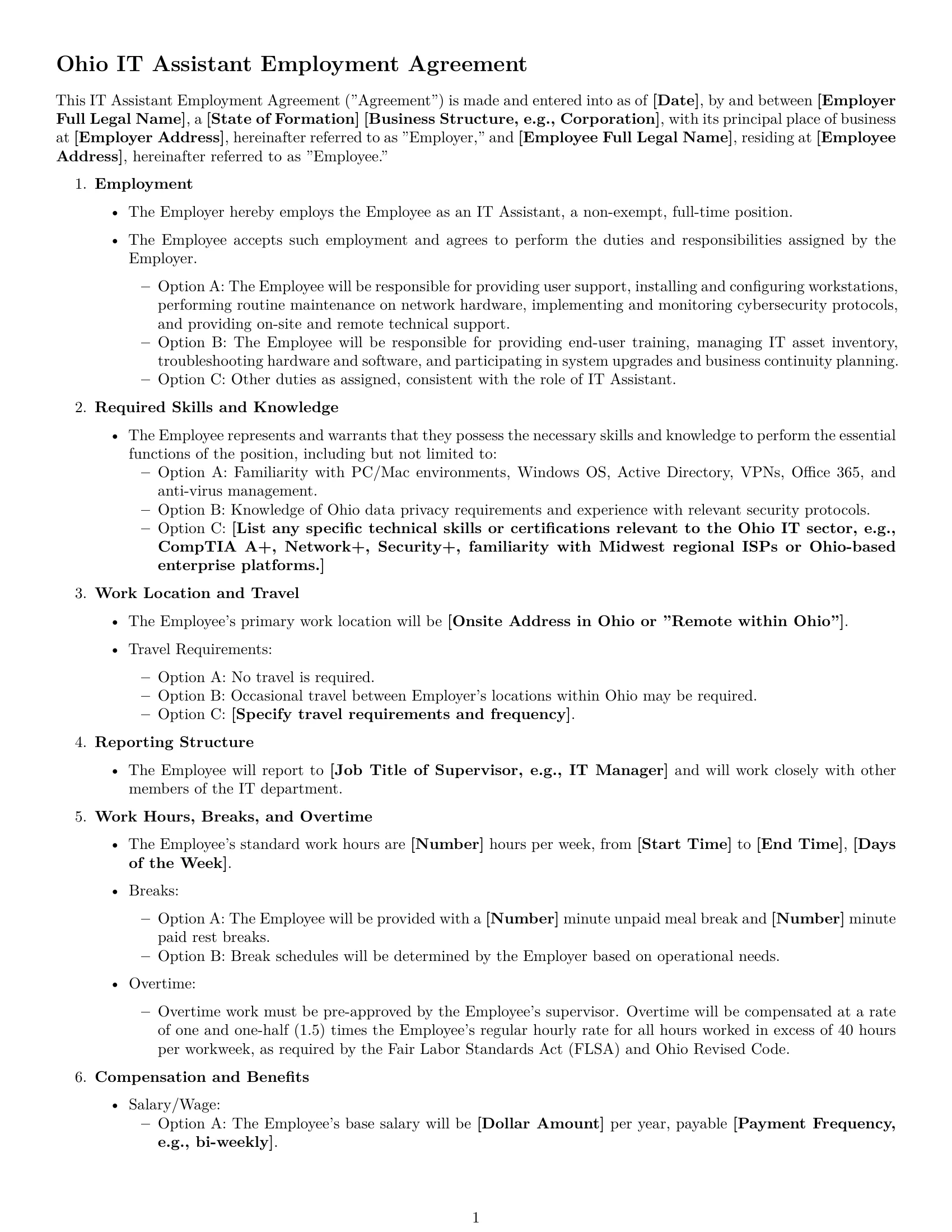 Preview page 1 of Free Ohio IT assistant employment contract template