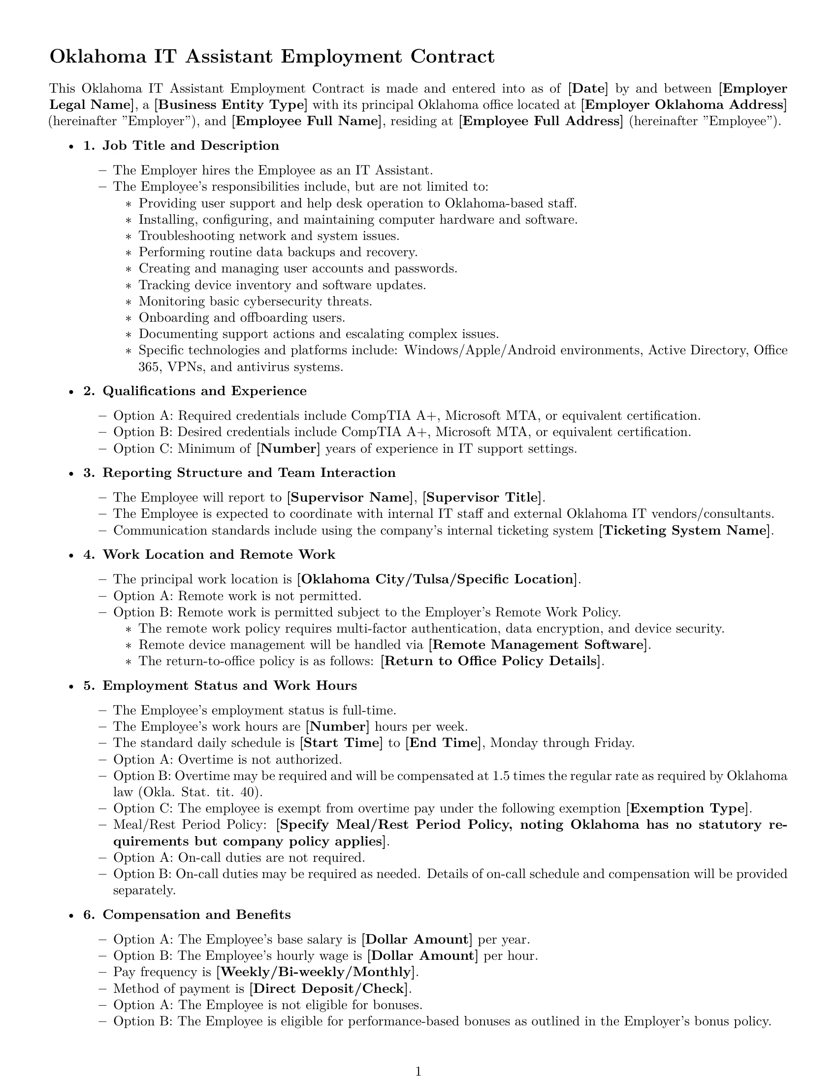 Preview page 1 of Free Oklahoma IT assistant employment contract template