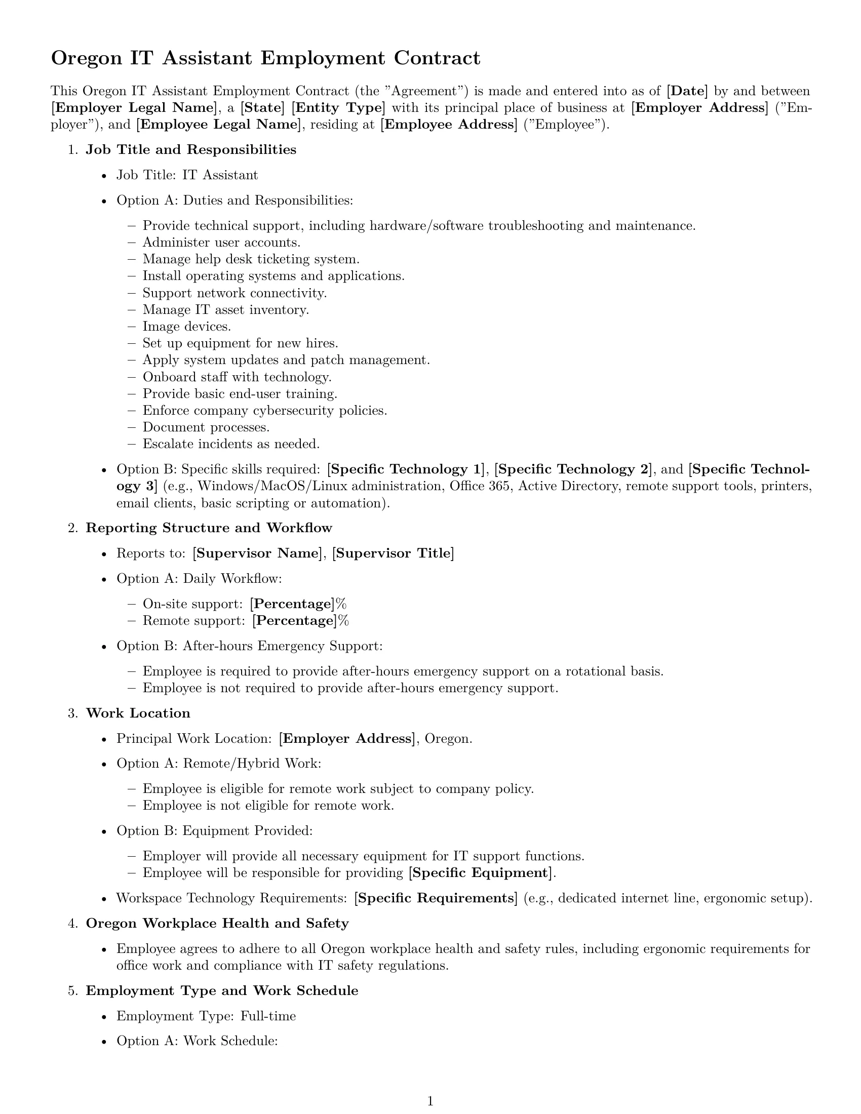 Preview page 1 of Free Oregon IT assistant employment contract template