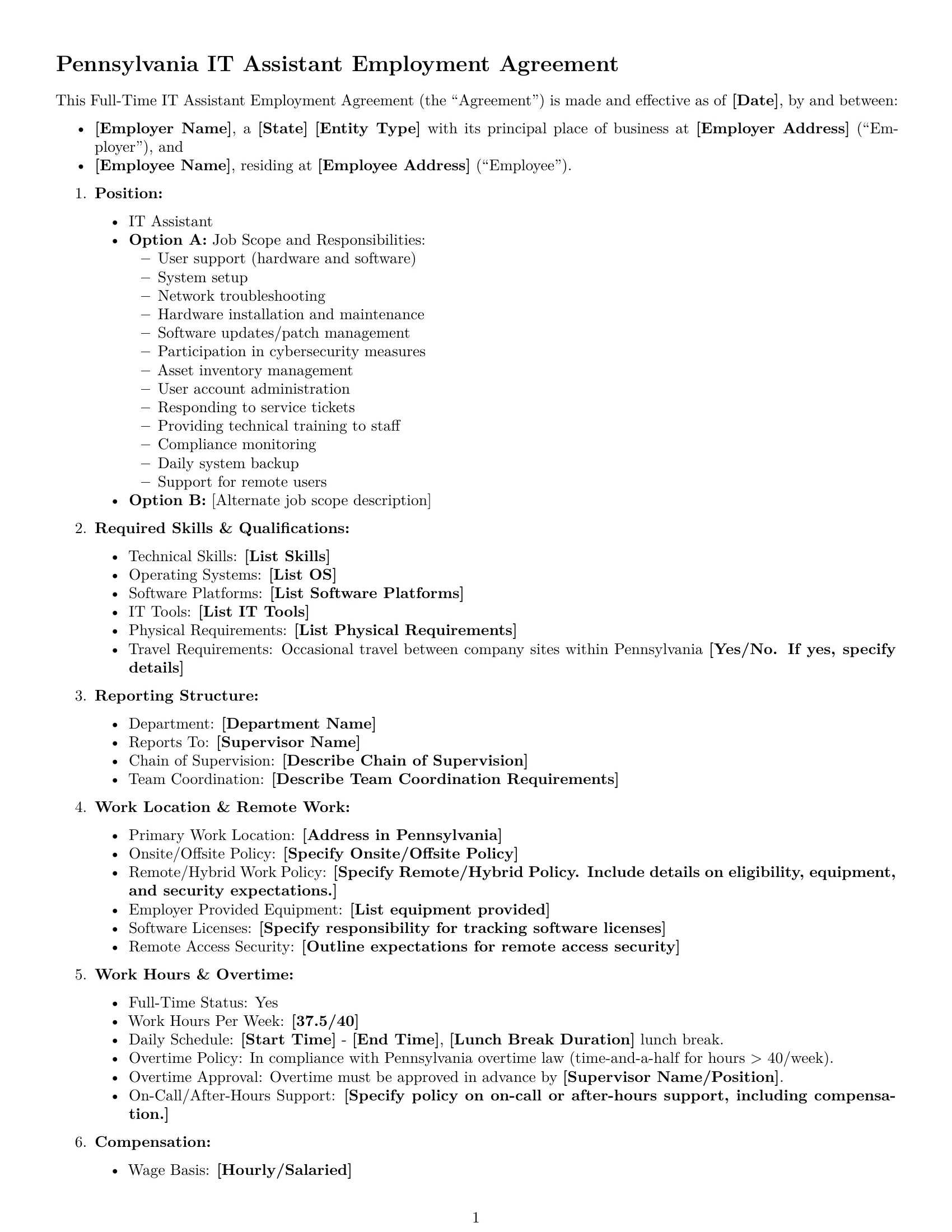 Preview page 1 of Free Pennsylvania IT assistant employment contract template