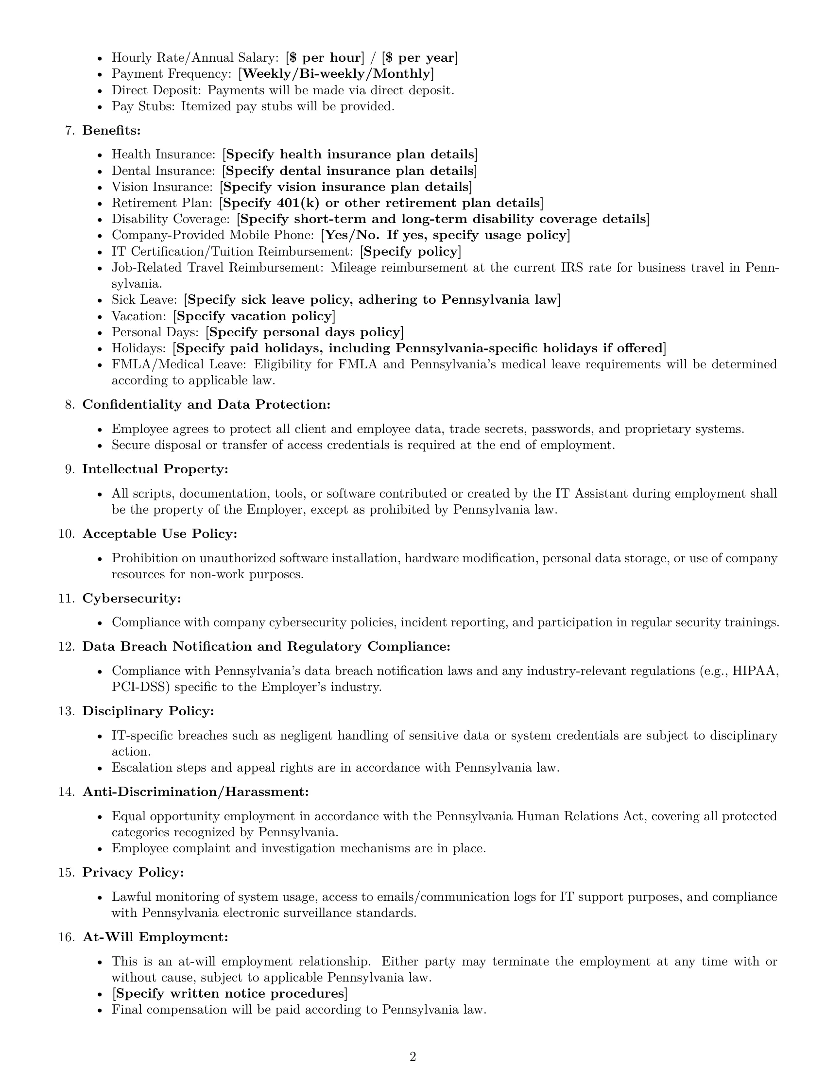 Preview page 2 of Free Pennsylvania IT assistant employment contract template