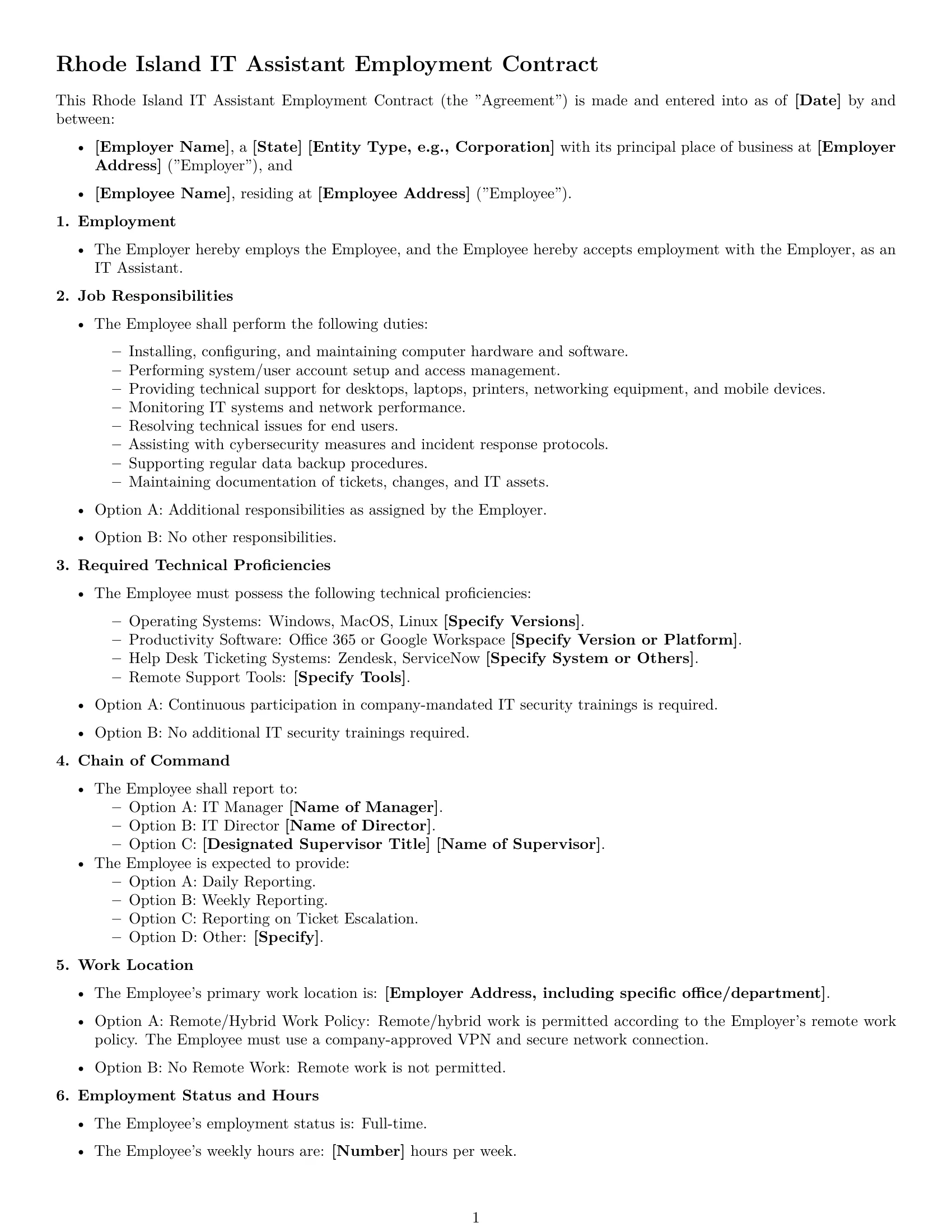 Preview page 1 of Free Rhode Island IT assistant employment contract template