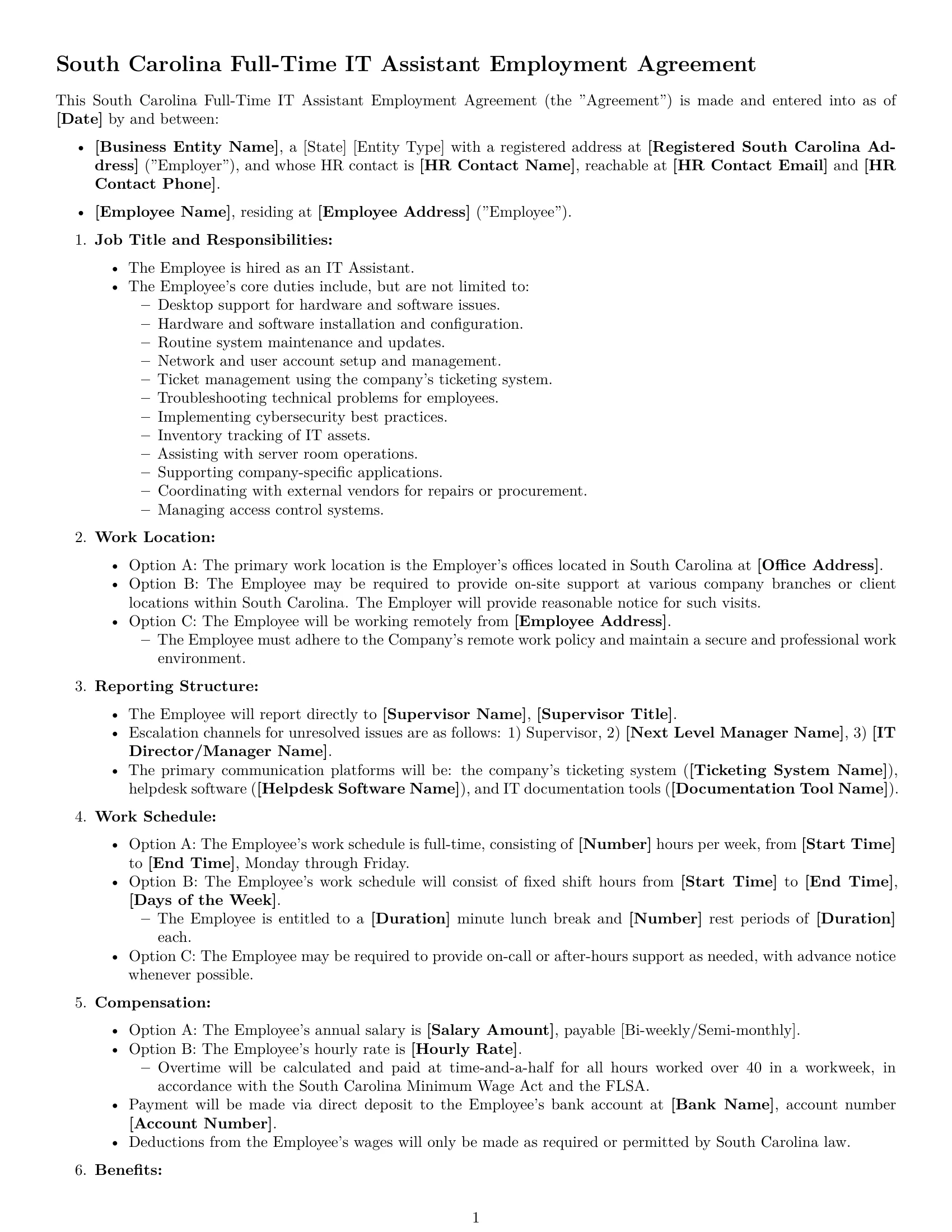 Preview page 1 of Free South Carolina IT assistant employment contract template