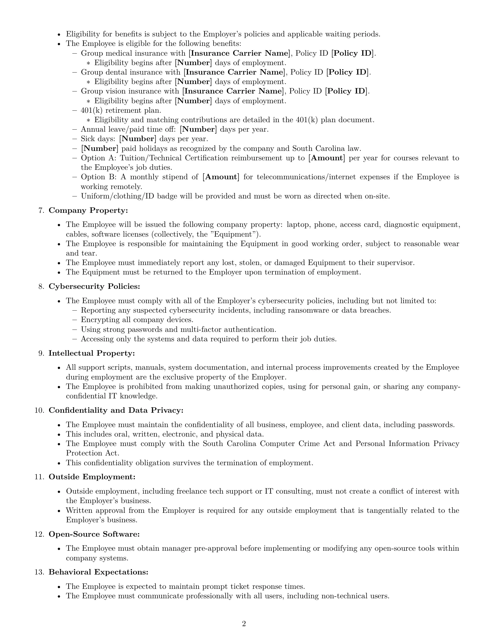 Preview page 2 of Free South Carolina IT assistant employment contract template