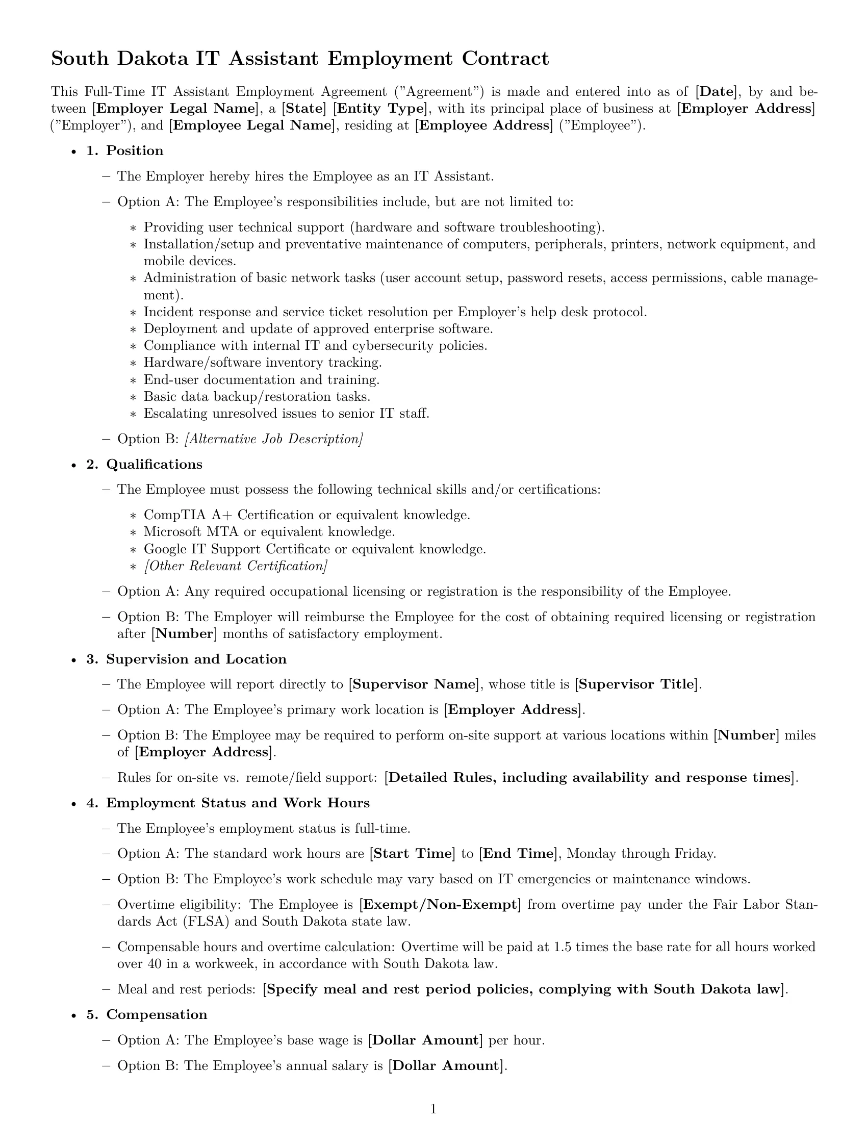 Preview page 1 of Free South Dakota IT assistant employment contract template