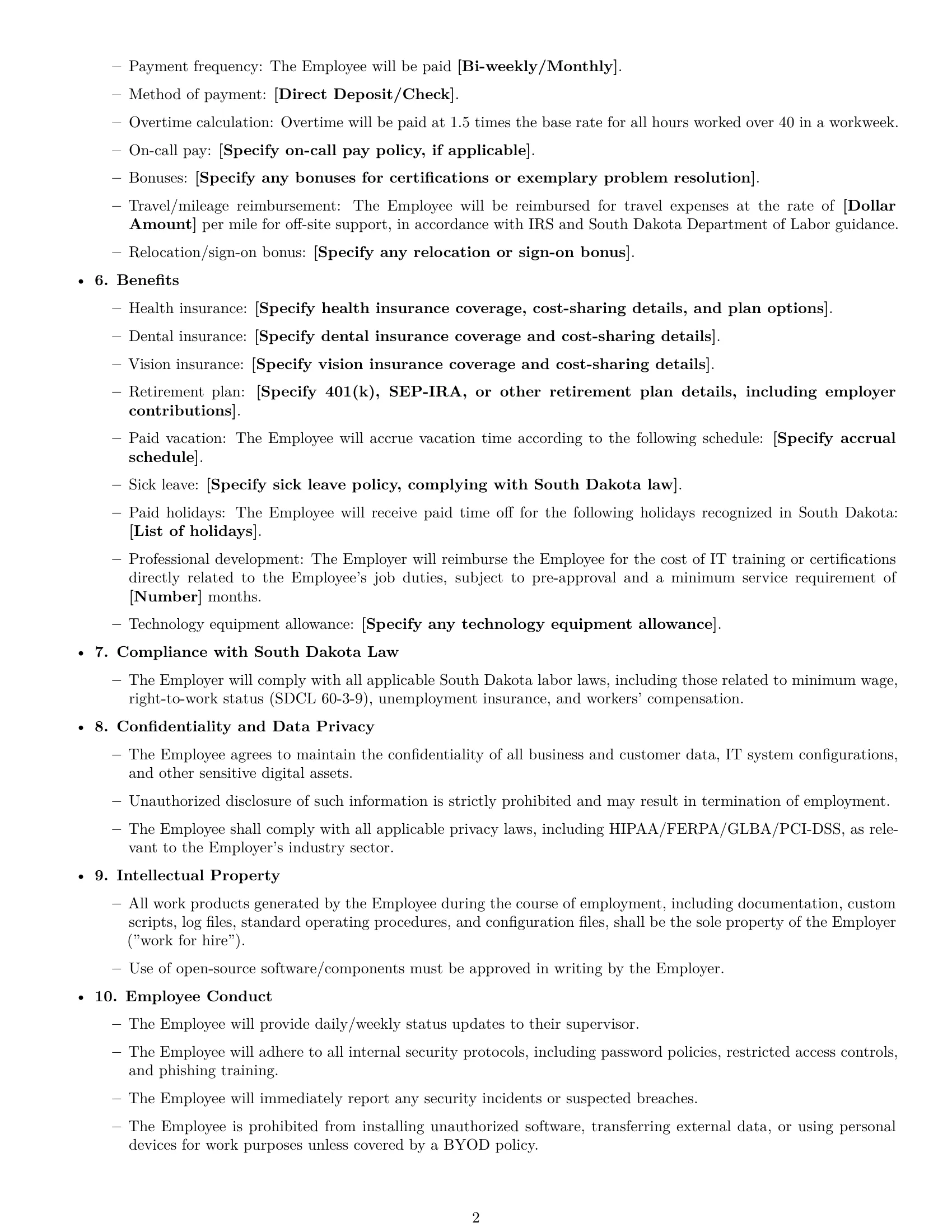 Preview page 2 of Free South Dakota IT assistant employment contract template