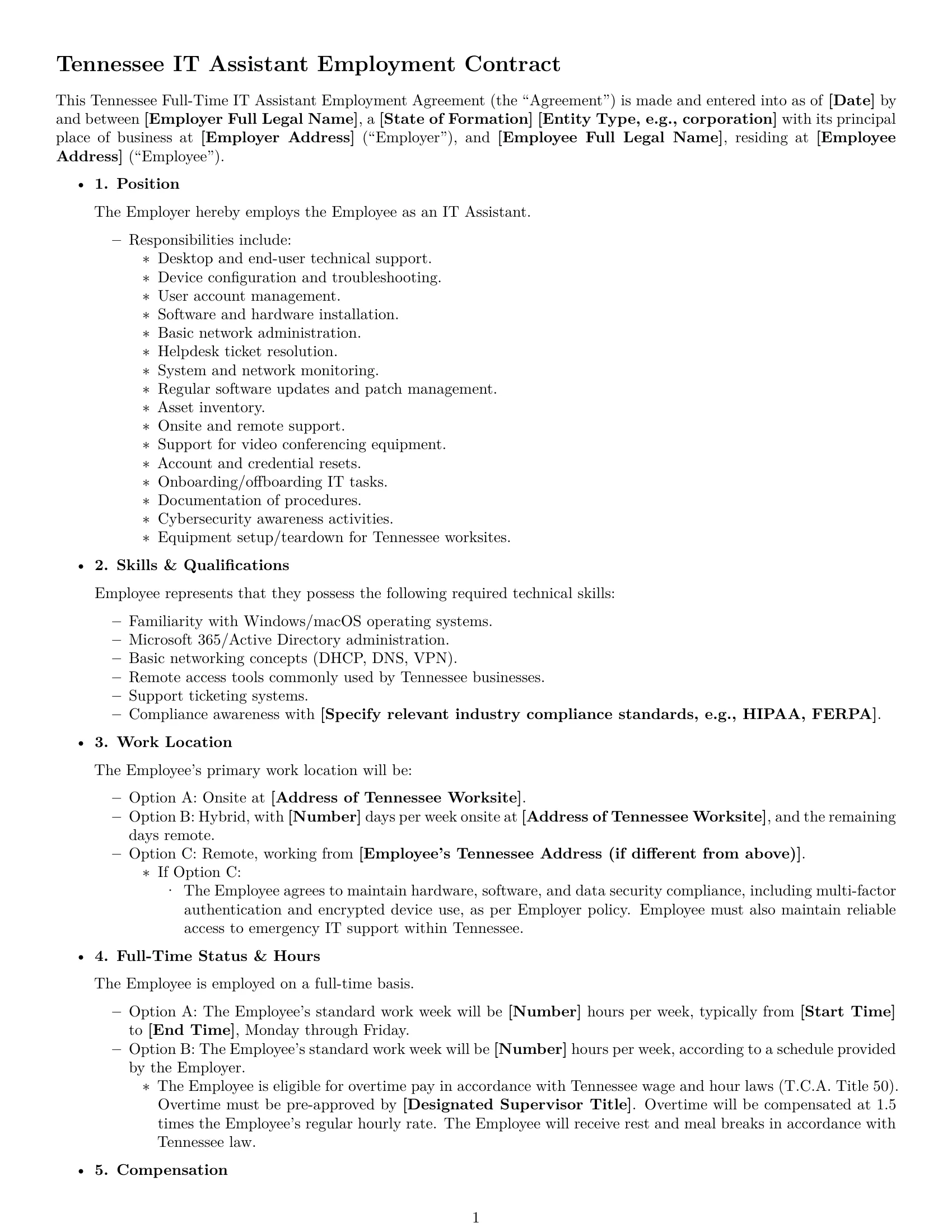 Preview page 1 of Free Tennessee IT assistant employment contract template