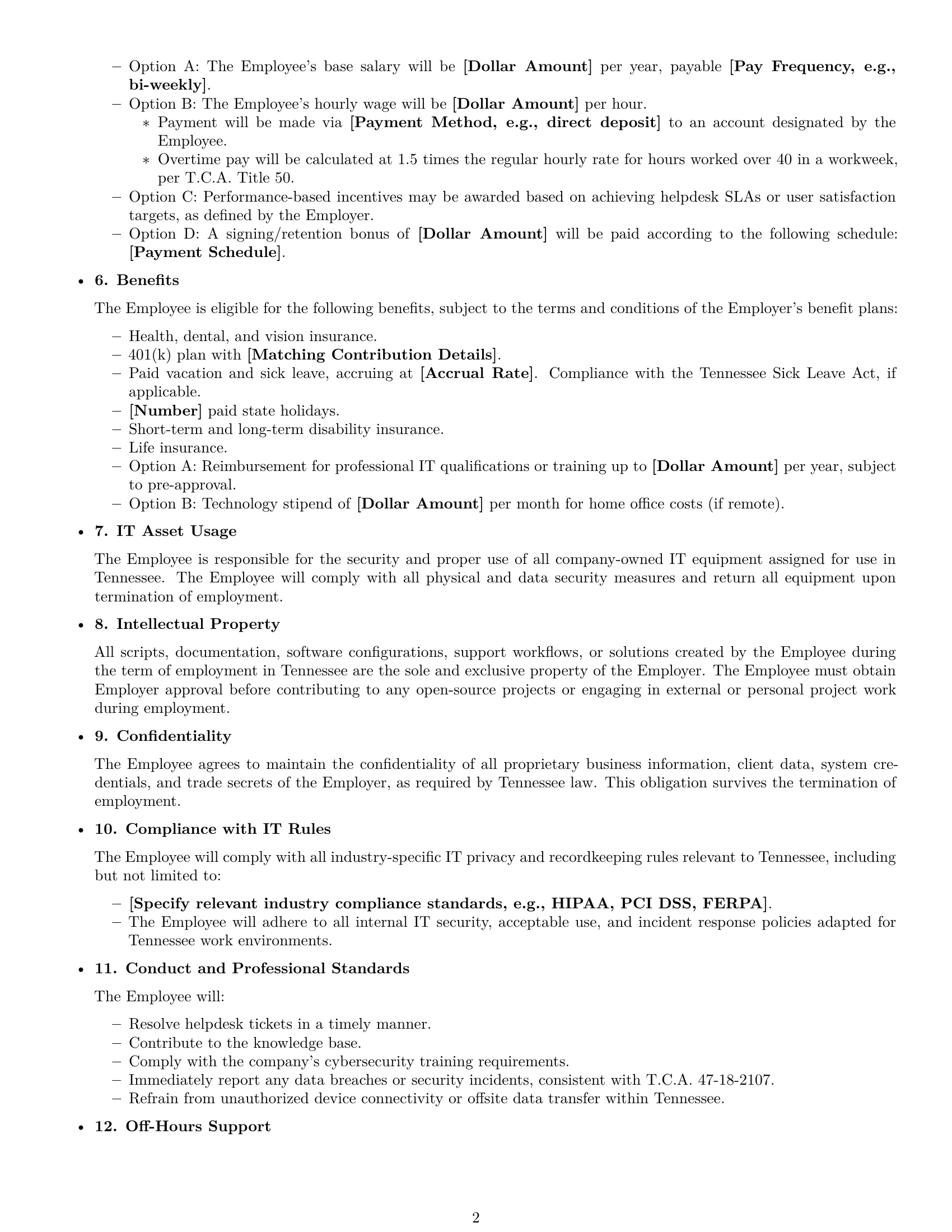 Preview page 2 of Free Tennessee IT assistant employment contract template
