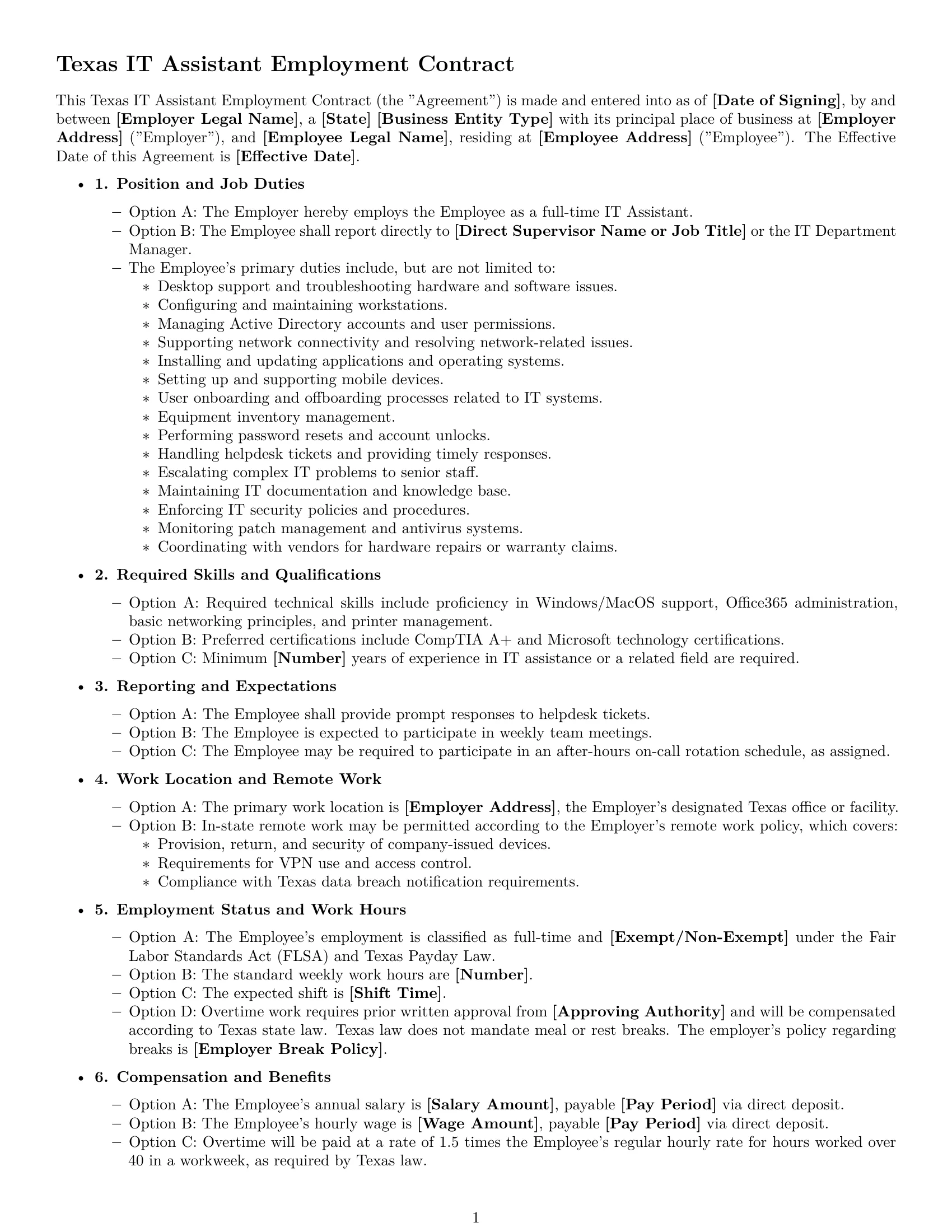 Preview page 1 of Free Texas IT assistant employment contract template