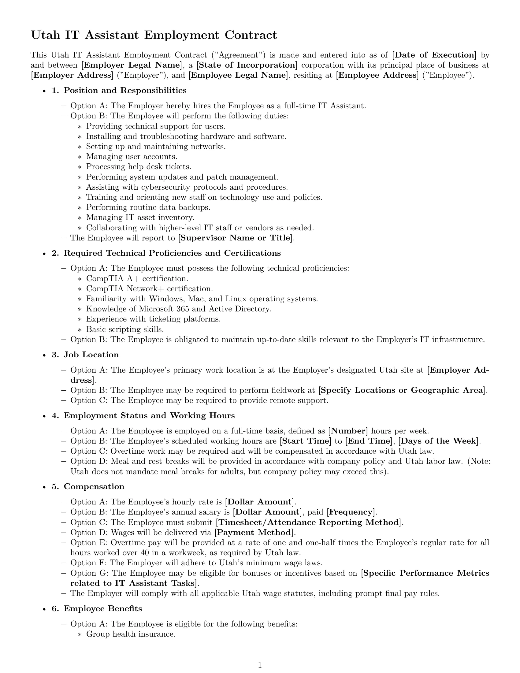 Preview page 1 of Free Utah IT assistant employment contract template