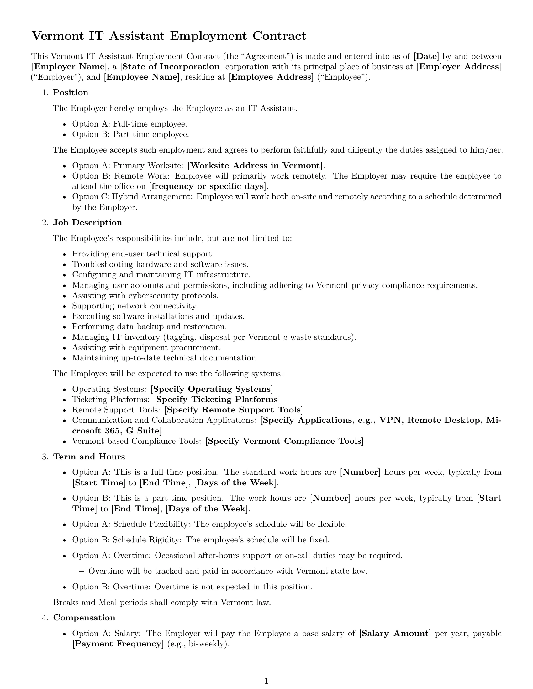 Preview page 1 of Free Vermont IT assistant employment contract template