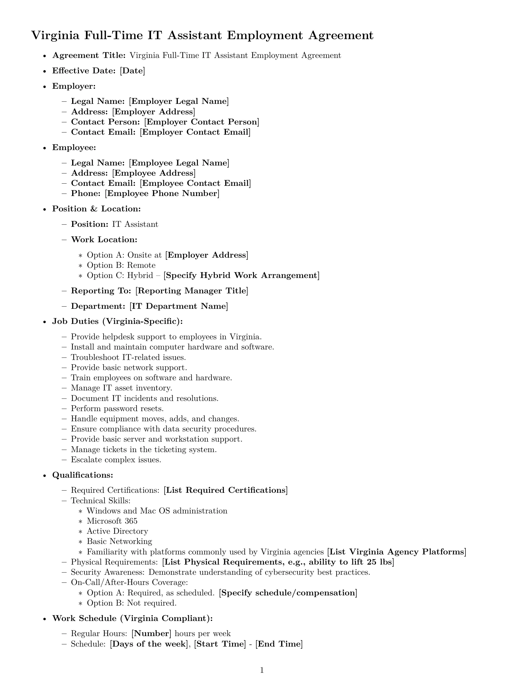 Preview page 1 of Free Virginia IT assistant employment contract template