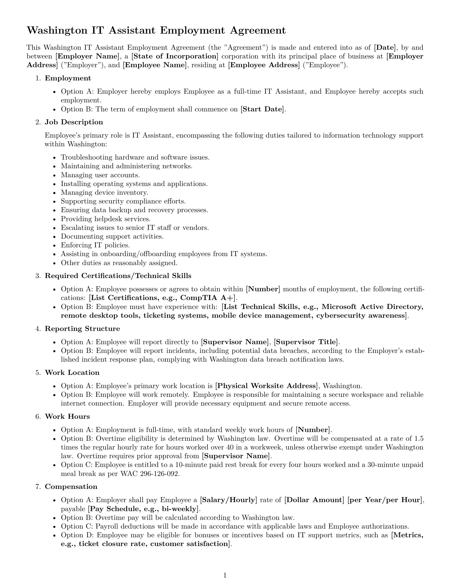 Preview page 1 of Free Washington IT assistant employment contract template