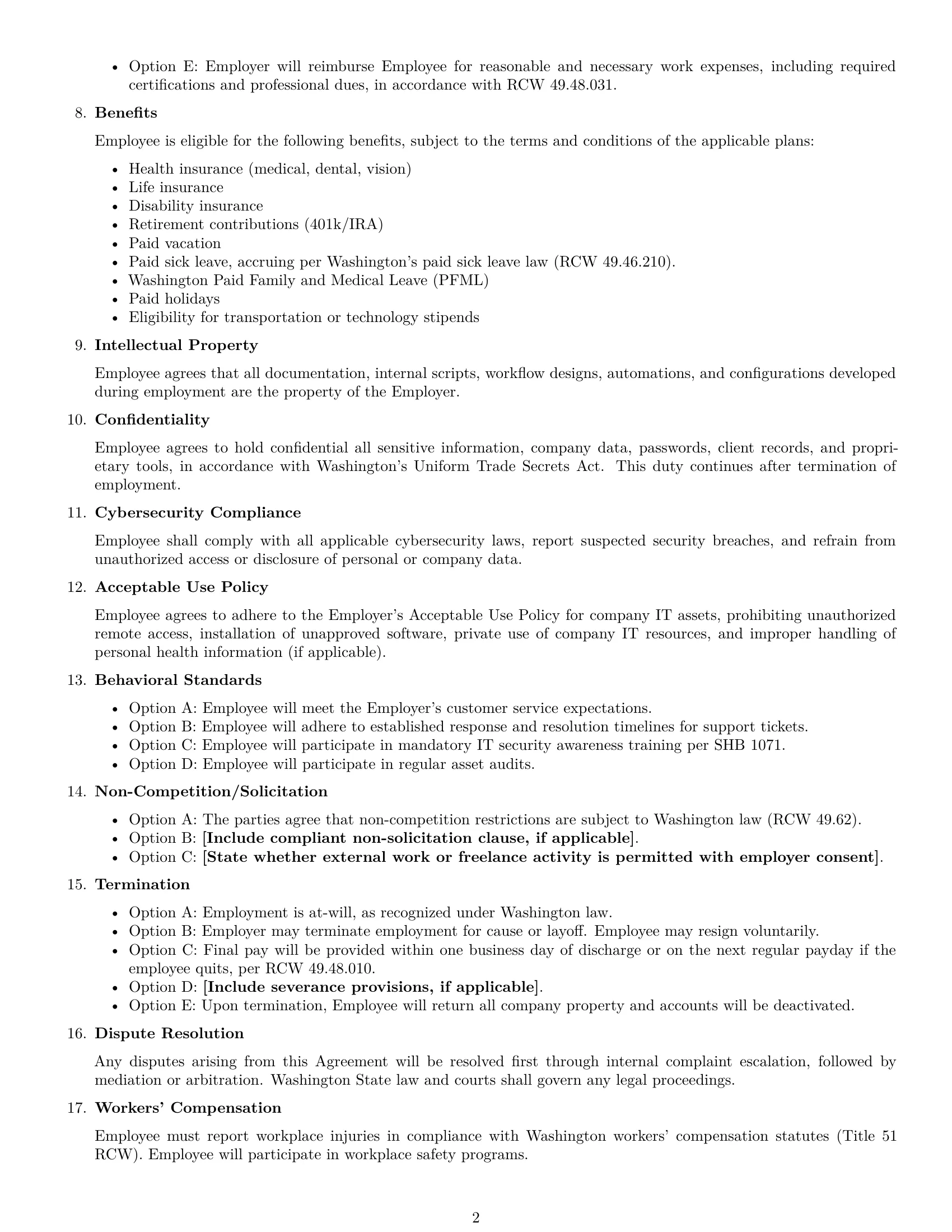 Preview page 2 of Free Washington IT assistant employment contract template