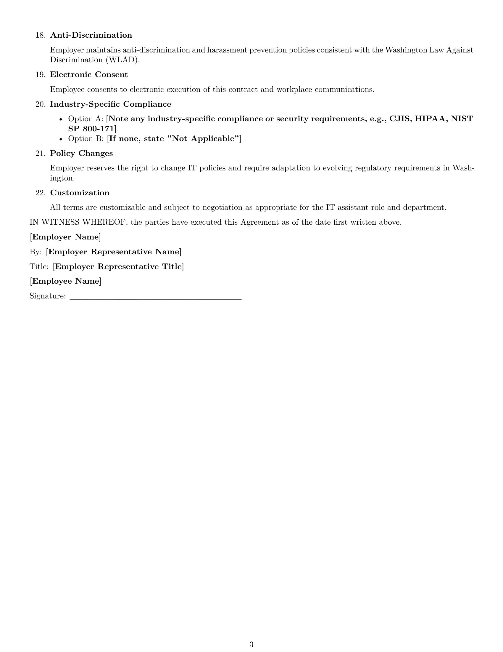 Preview page 3 of Free Washington IT assistant employment contract template