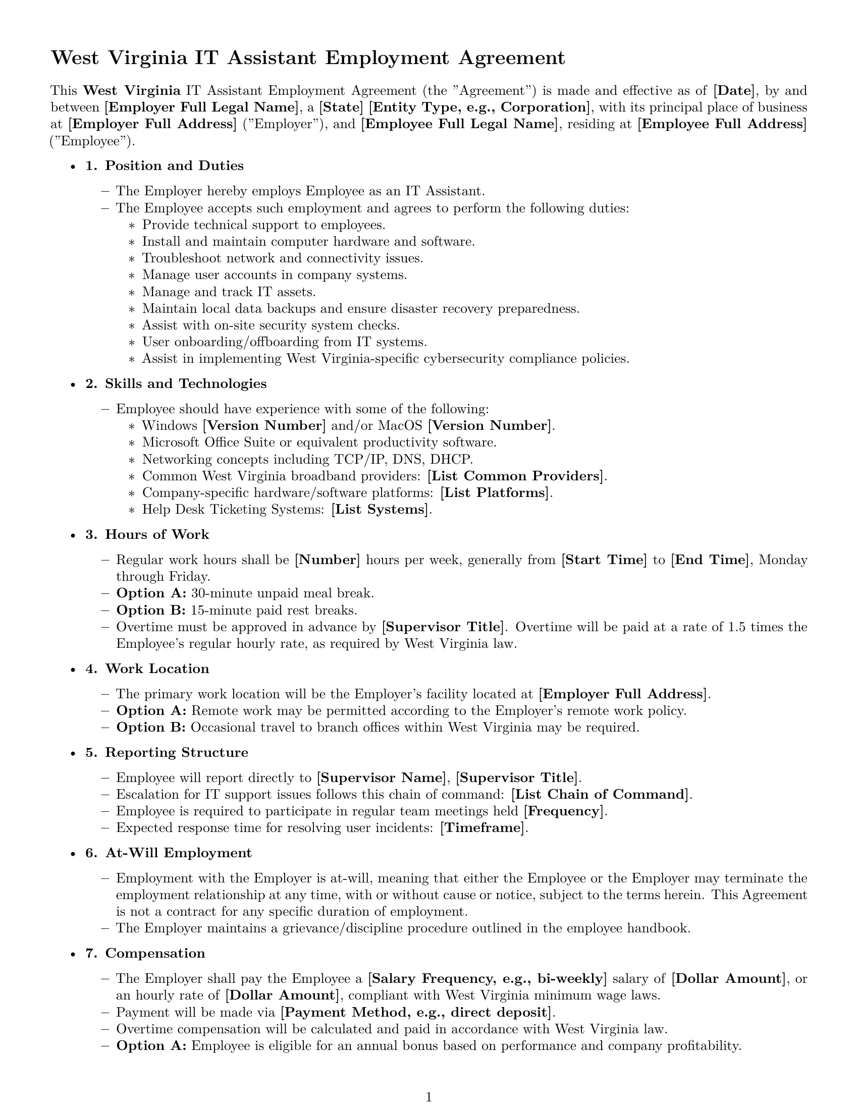 Preview page 1 of Free West Virginia IT assistant employment contract template