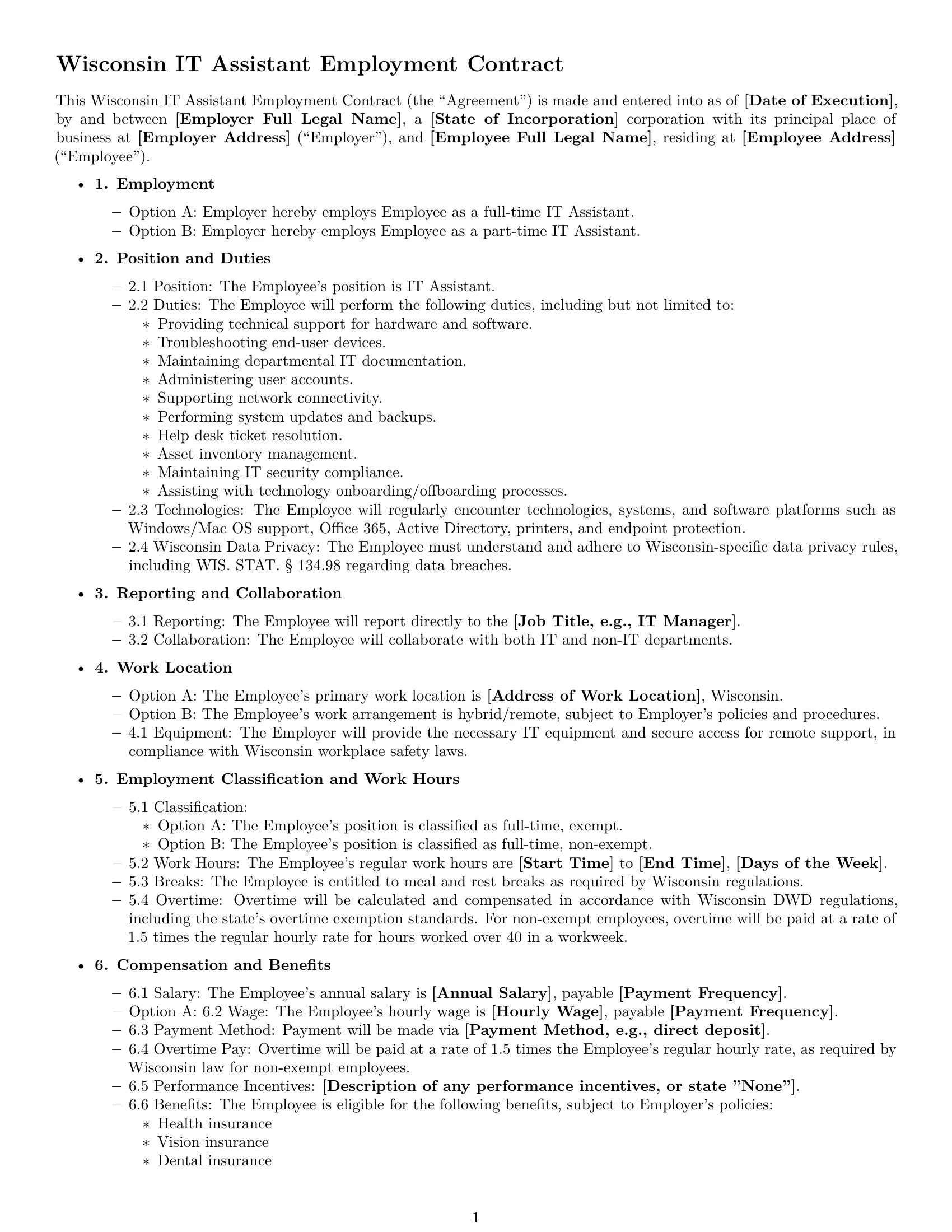Preview page 1 of Free Wisconsin IT assistant employment contract template